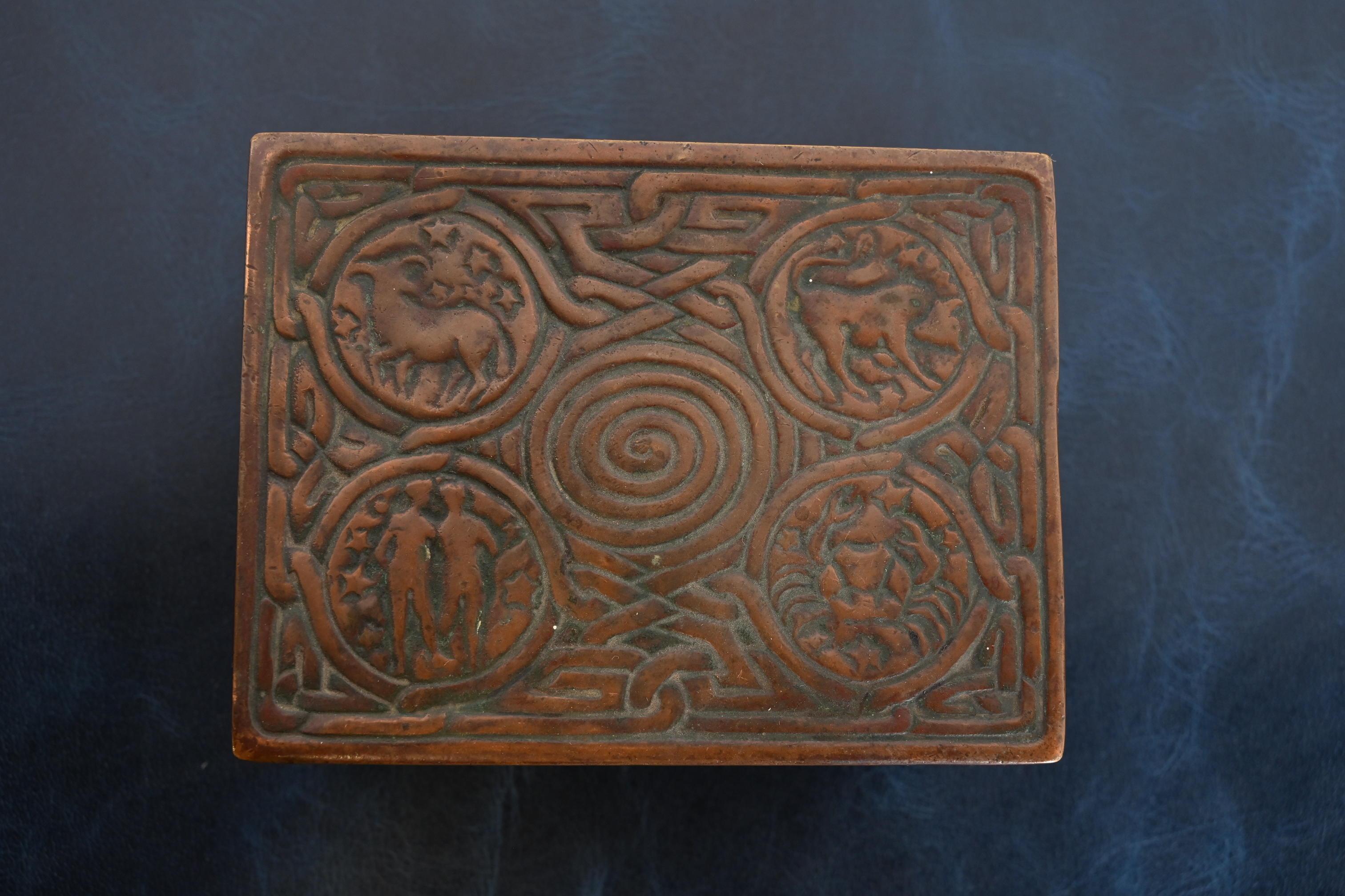 Tiffany Studios New York Zodiac Pattern Bronze Box In Good Condition In South Bend, IN