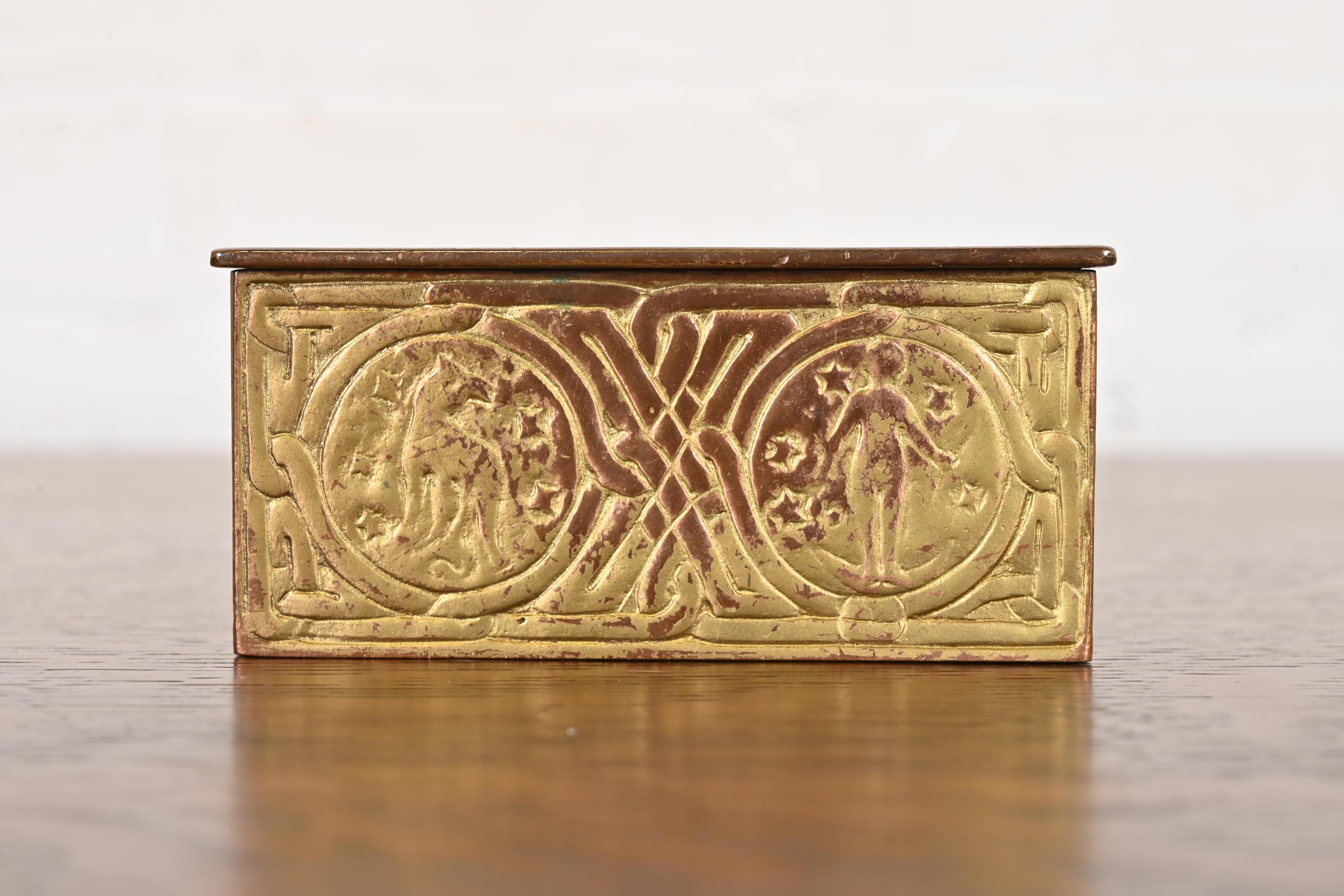 Arts and Crafts Tiffany Studios New York Zodiac Pattern Bronze Doré Box For Sale