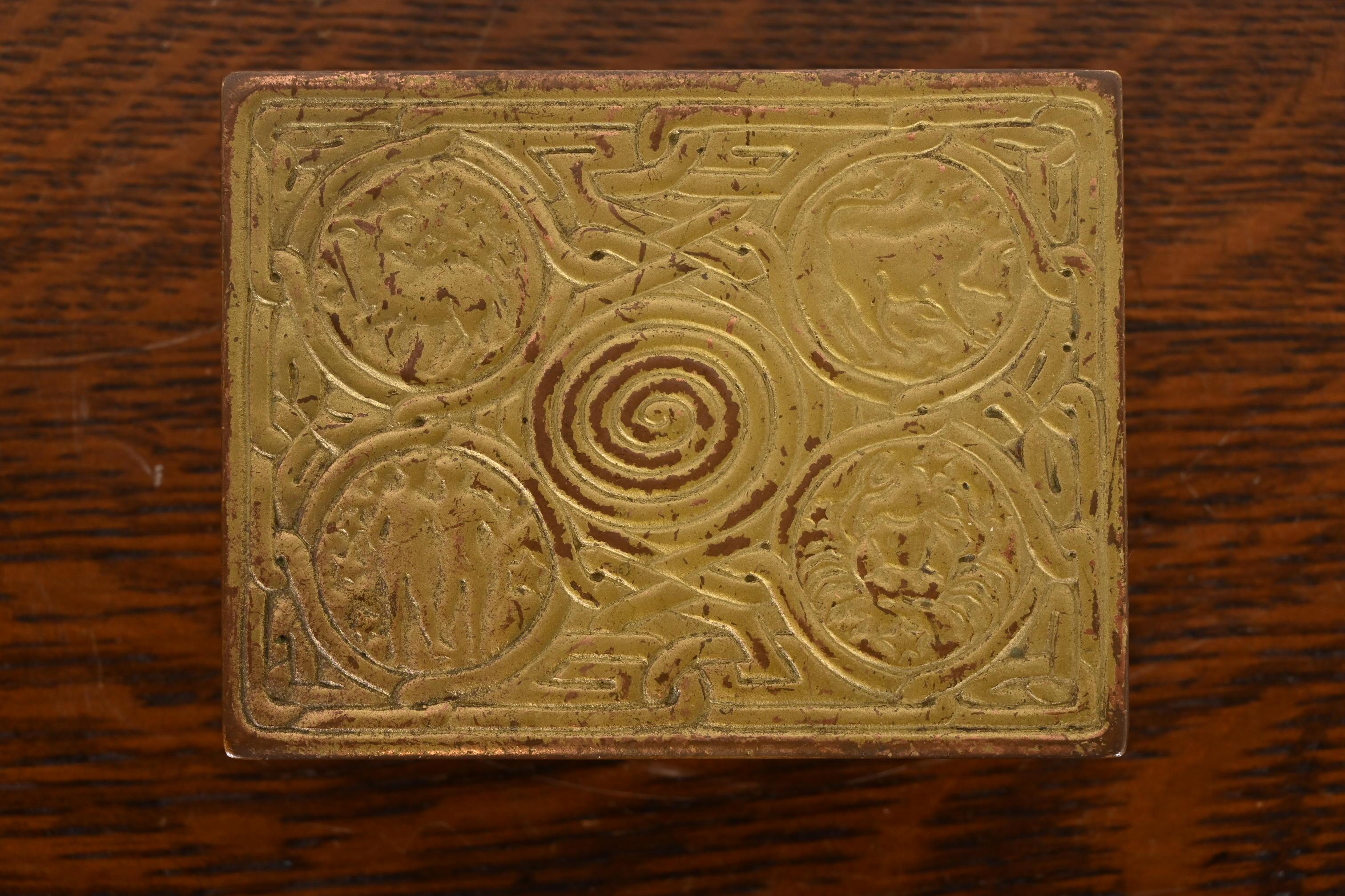 20th Century Tiffany Studios New York Zodiac Pattern Bronze Doré Box For Sale
