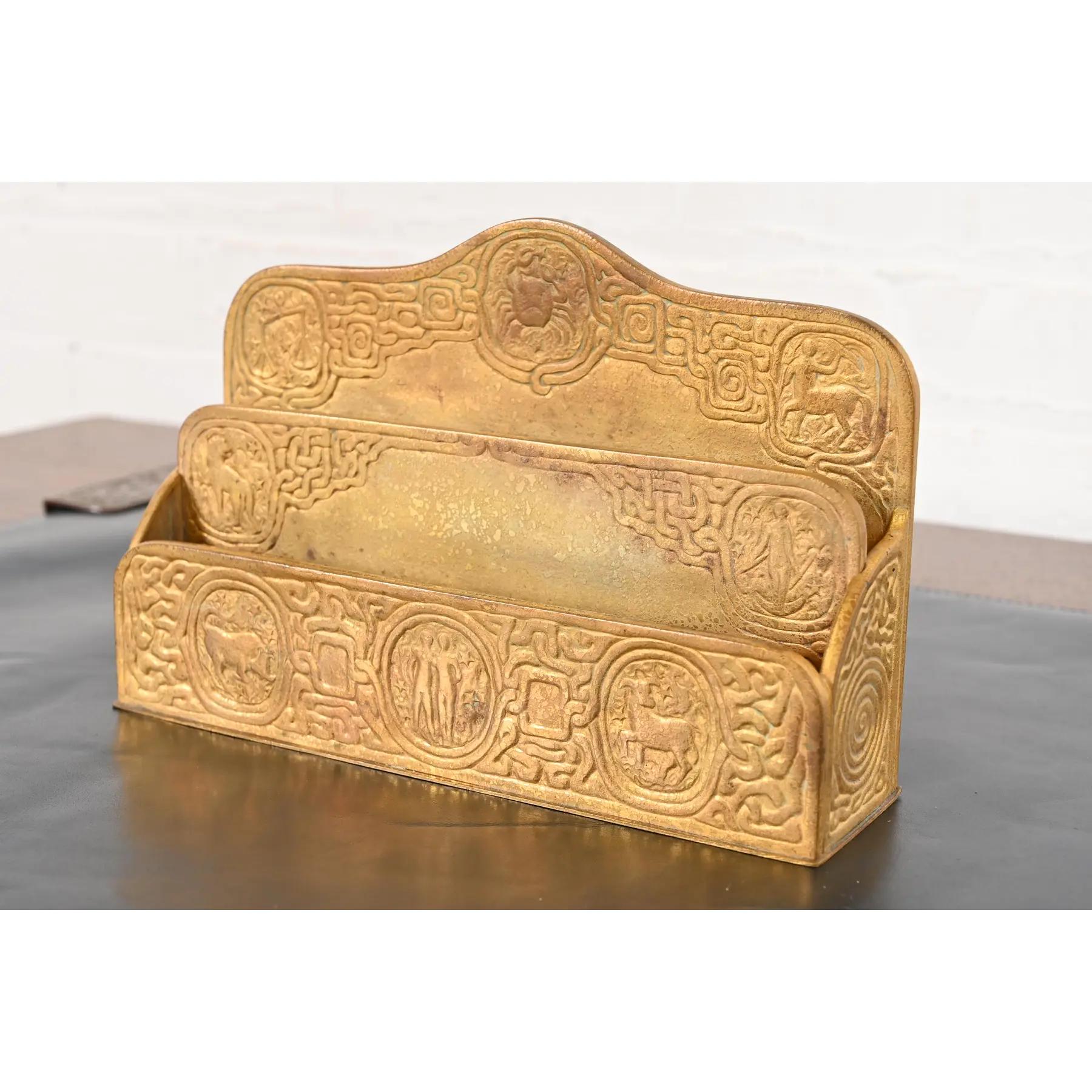 Americano Tiffany Studios New York Zodiac Pattern Porta lettere in bronzo Doré in vendita