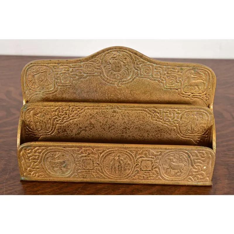 American Tiffany Studios New York Zodiac Pattern Bronze Doré Letter Rack For Sale