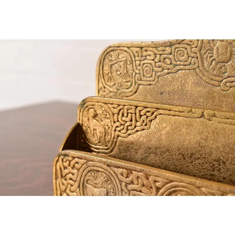 Tiffany Studios New York Zodiac Pattern Bronze Doré Letter Rack For Sale 2