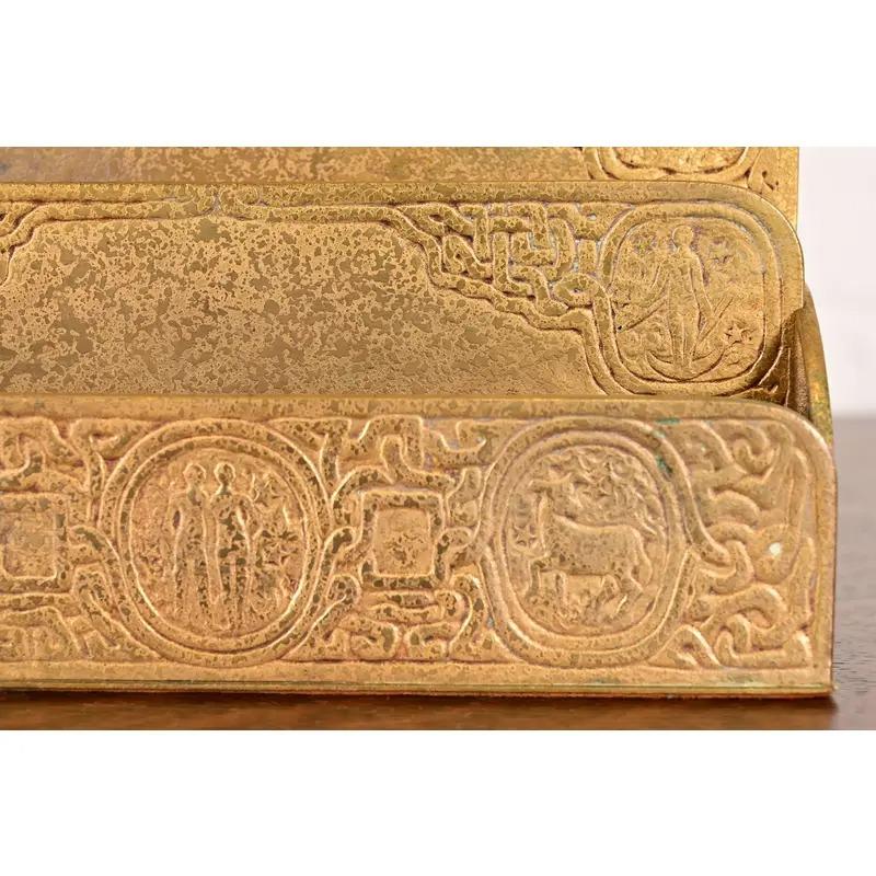 Tiffany Studios New York Zodiac Pattern Bronze Doré Letter Rack For Sale 3