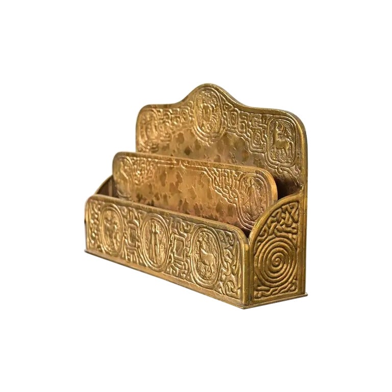 Tiffany Studios New York Zodiac Pattern Bronze Doré Letter Rack For Sale