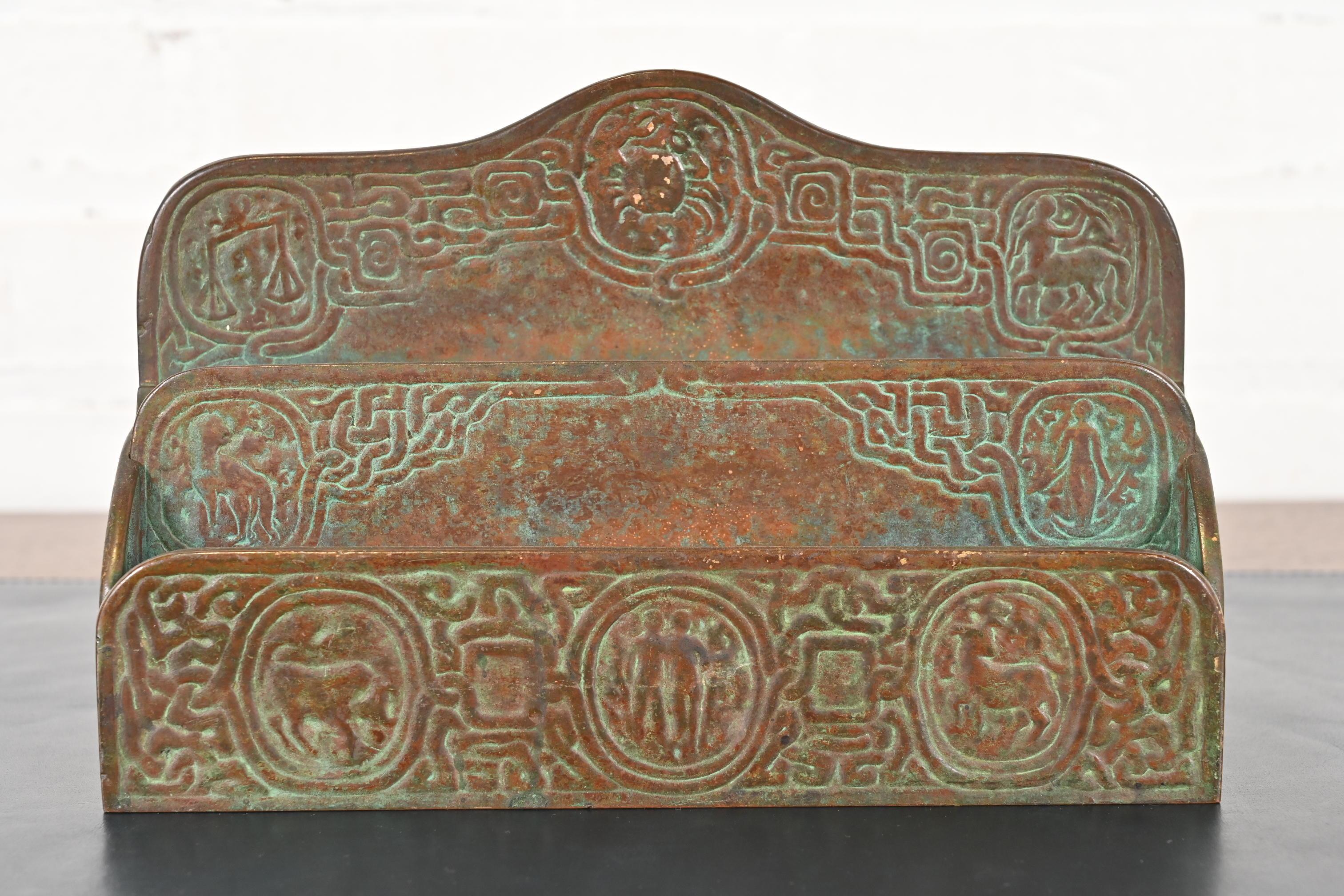 Arts and Crafts Tiffany Studios New York Zodiac Pattern Bronze Letter Rack For Sale