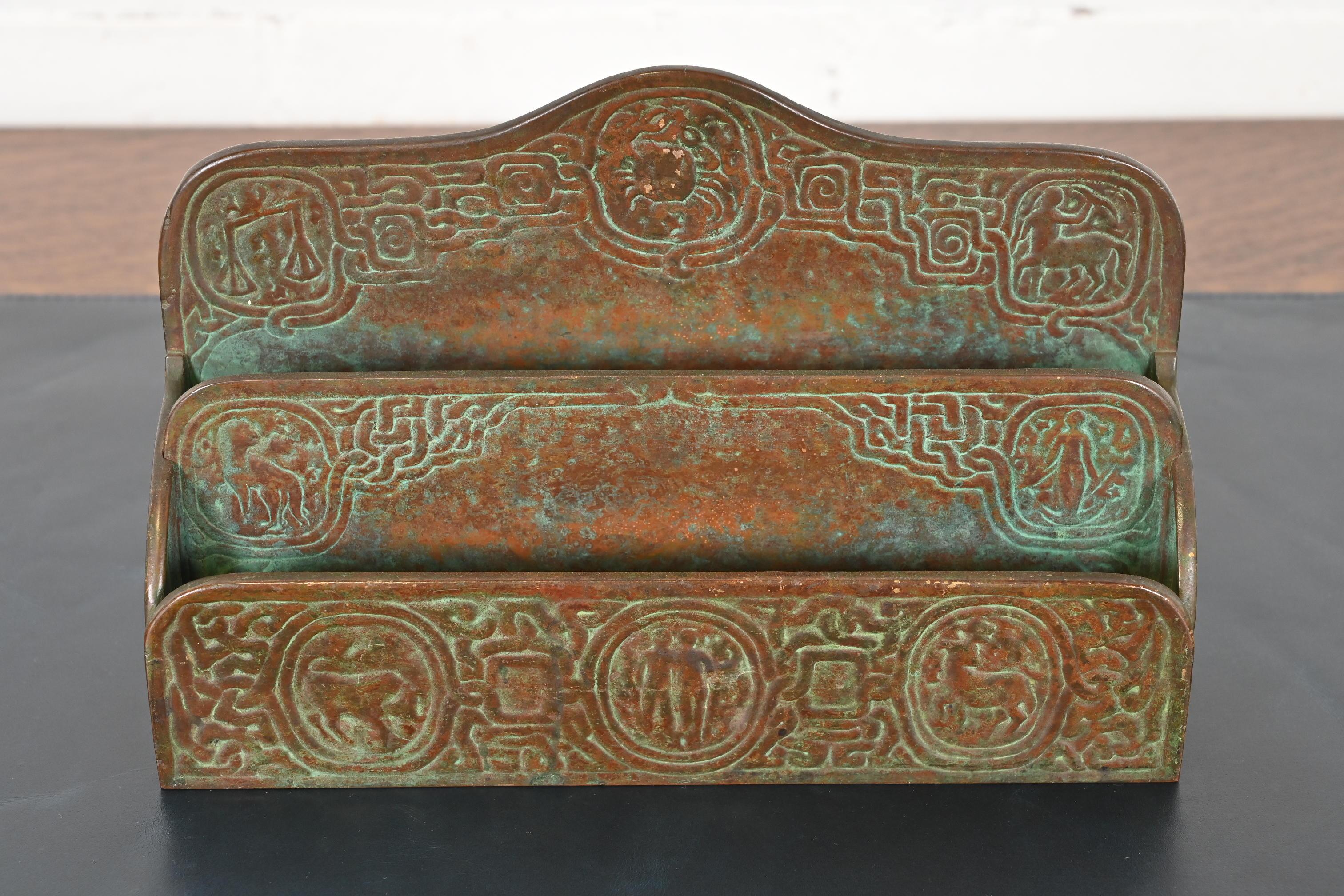 American Tiffany Studios New York Zodiac Pattern Bronze Letter Rack For Sale