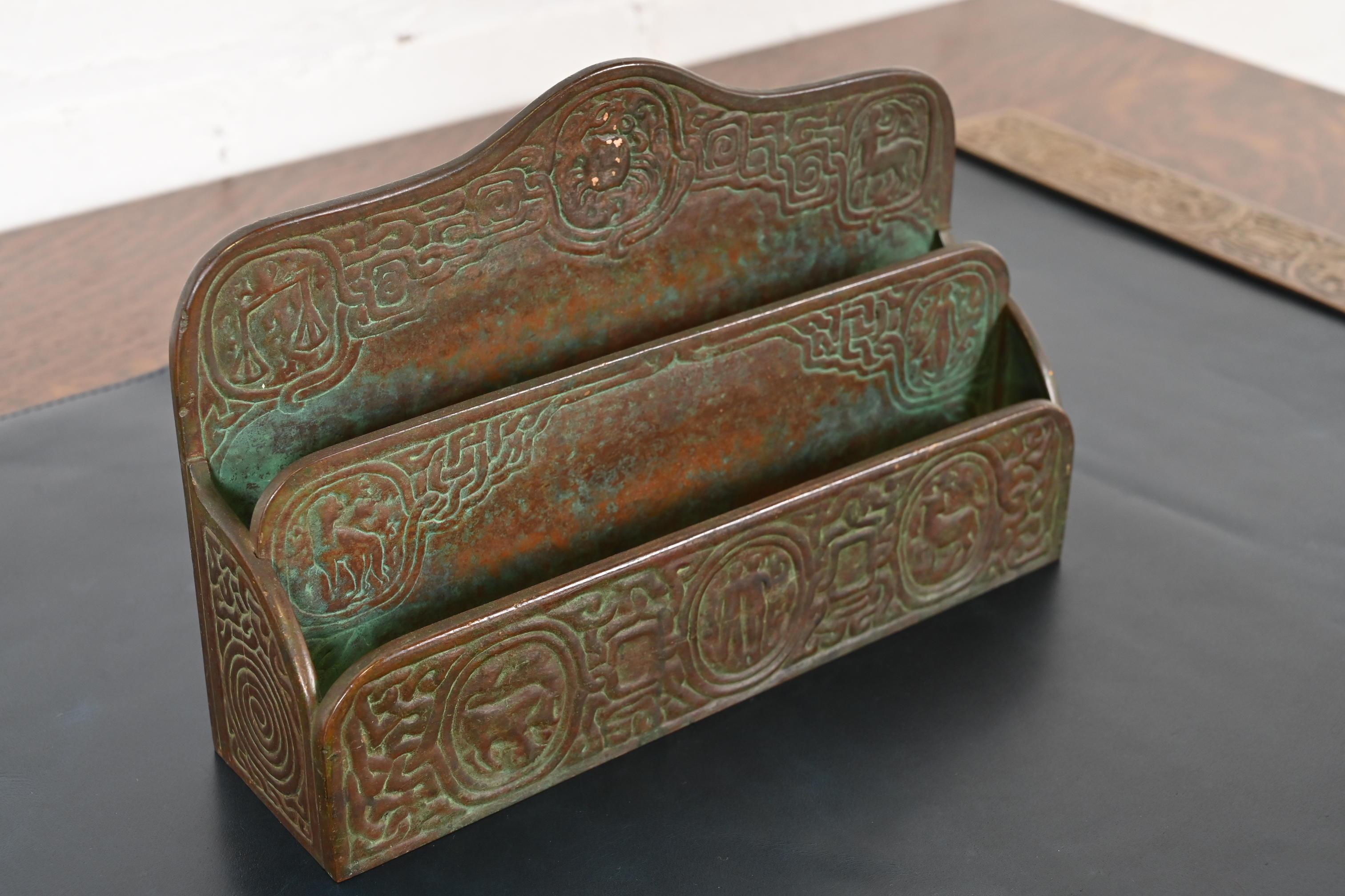Tiffany Studios New York Zodiac Pattern Bronze Letter Rack In Good Condition For Sale In South Bend, IN