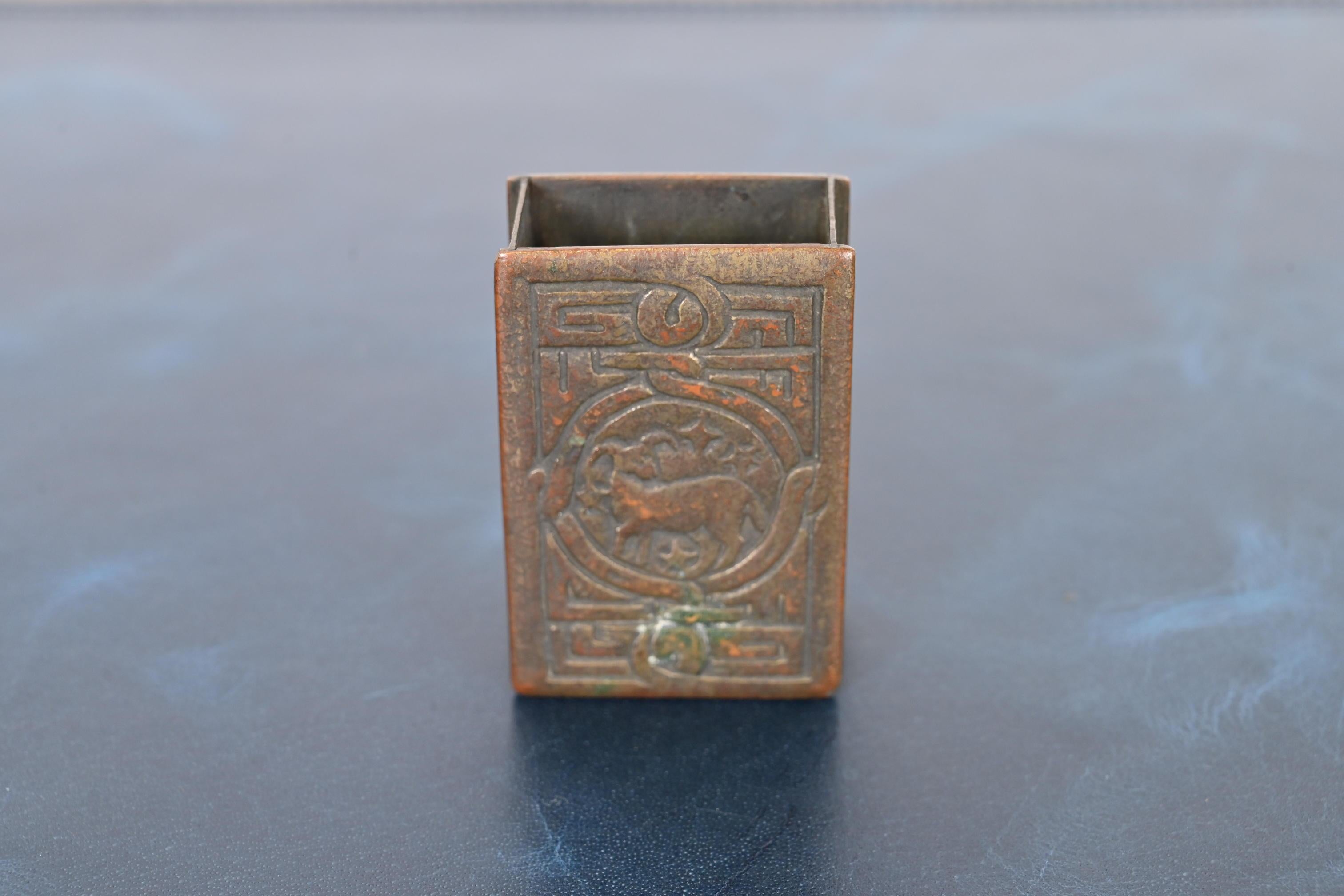 Arts and Crafts Tiffany Studios New York Zodiac Pattern Bronze Match Box Holder For Sale