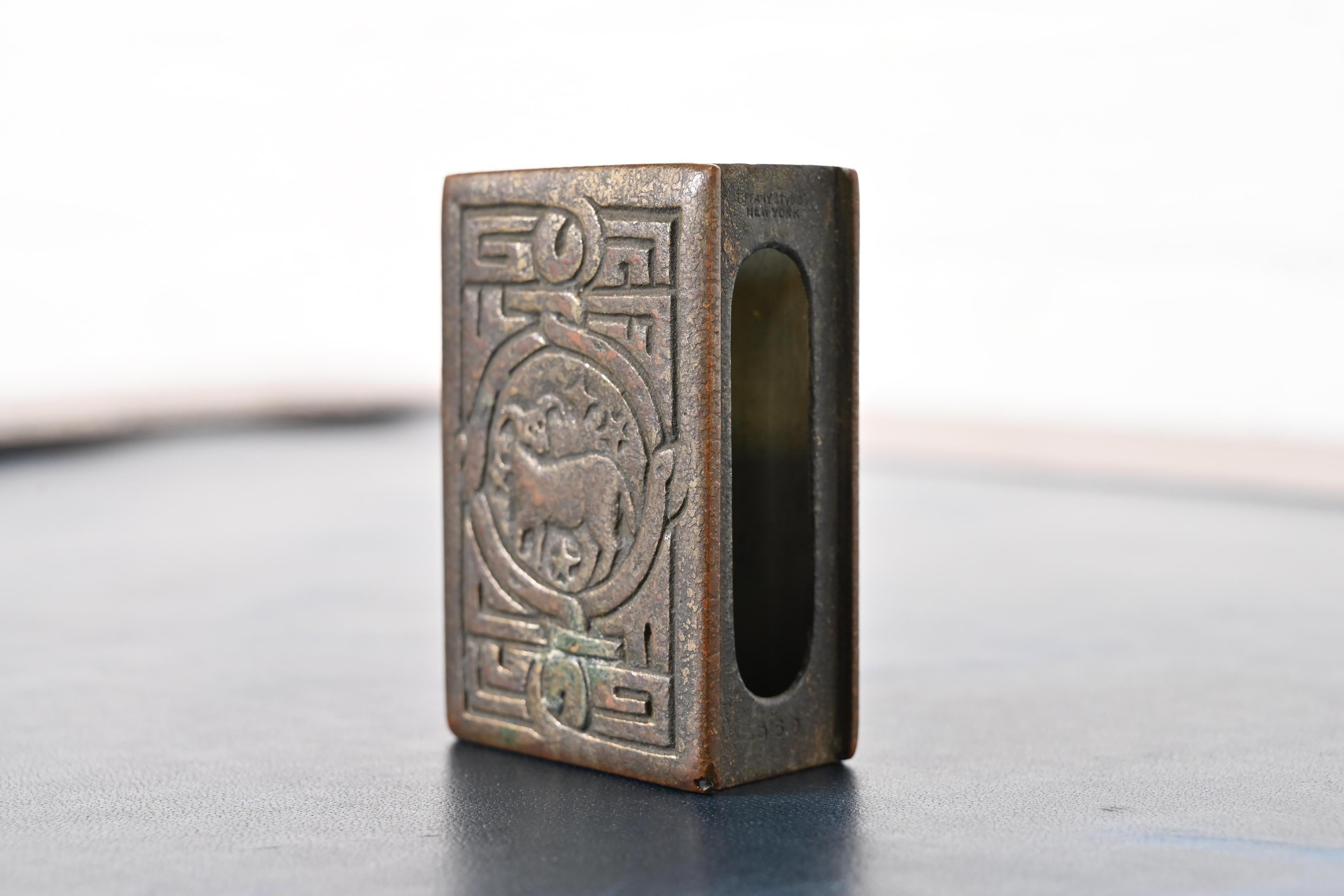 American Tiffany Studios New York Zodiac Pattern Bronze Match Box Holder For Sale