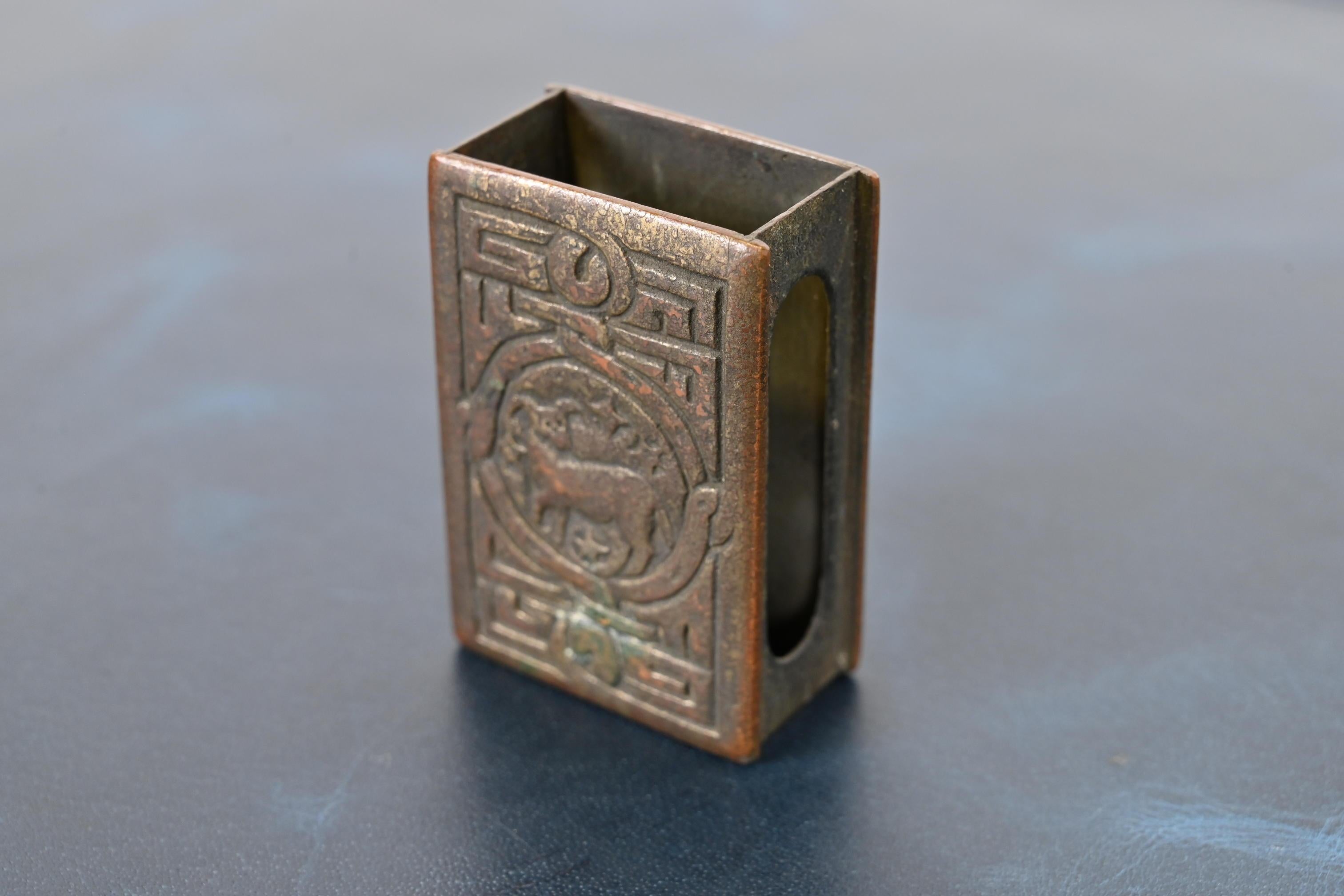 Tiffany Studios New York Zodiac Pattern Bronze Match Box Holder In Good Condition For Sale In South Bend, IN