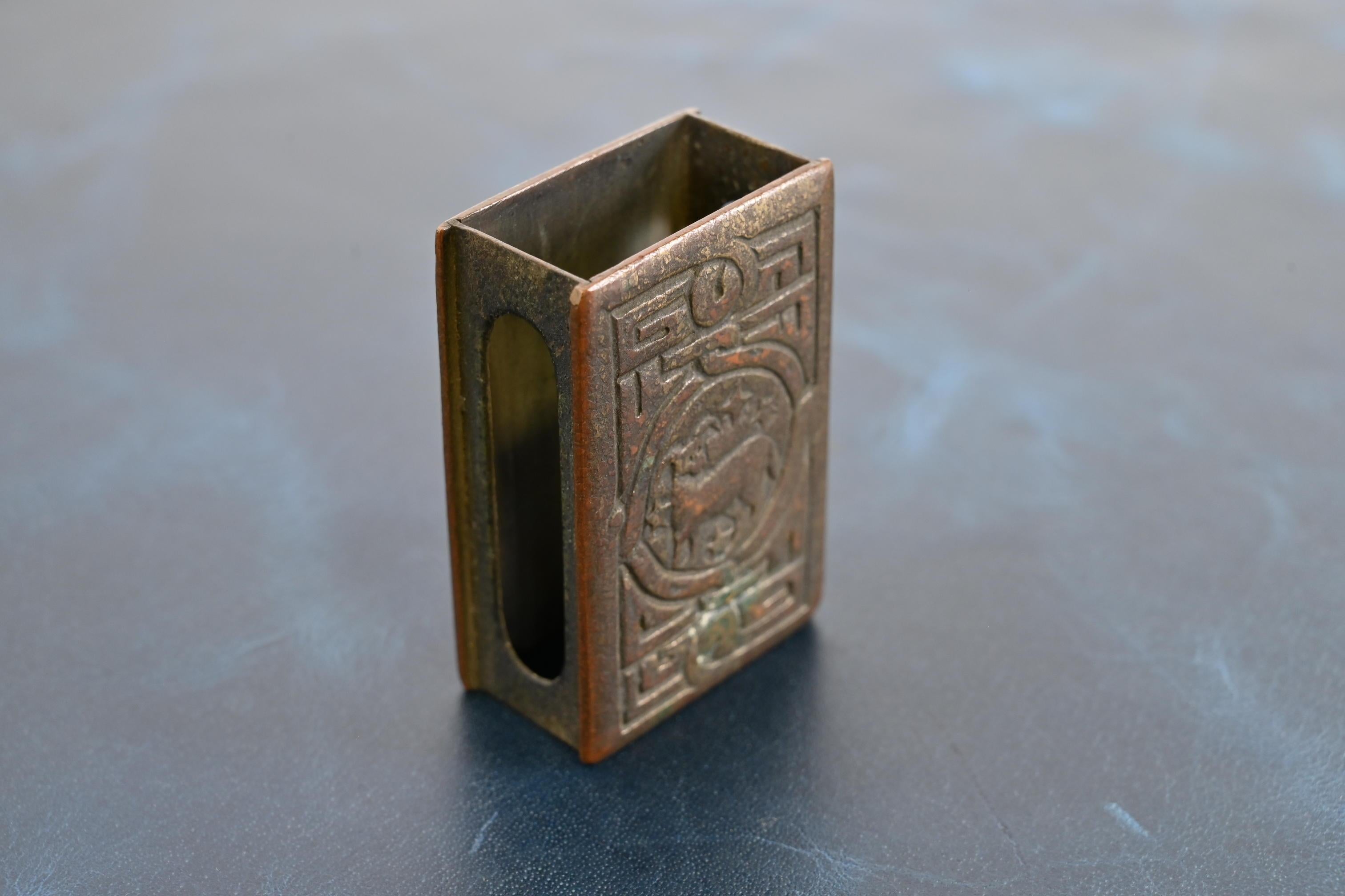 Tiffany Studios New York Zodiac Pattern Bronze Match Box Holder For Sale 1