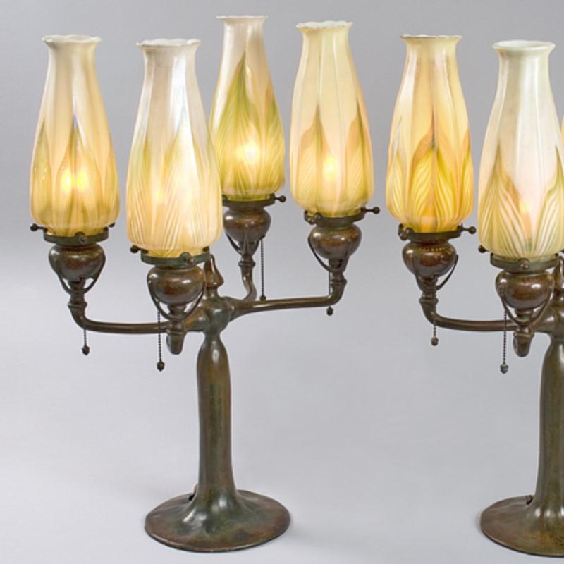 Tiffany Studios Pair of Lighted Candelabra In Excellent Condition In New York, NY