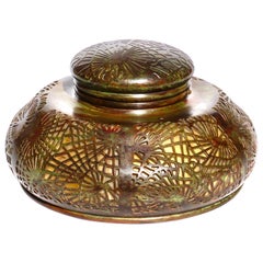 Tiffany Studios Pine Needle Bronze and Glass Inkwell