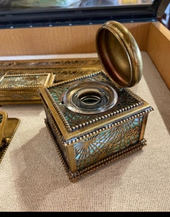 Tiffany Studios Pine Needle Bronze and Slag Seven-Piece Desk Set