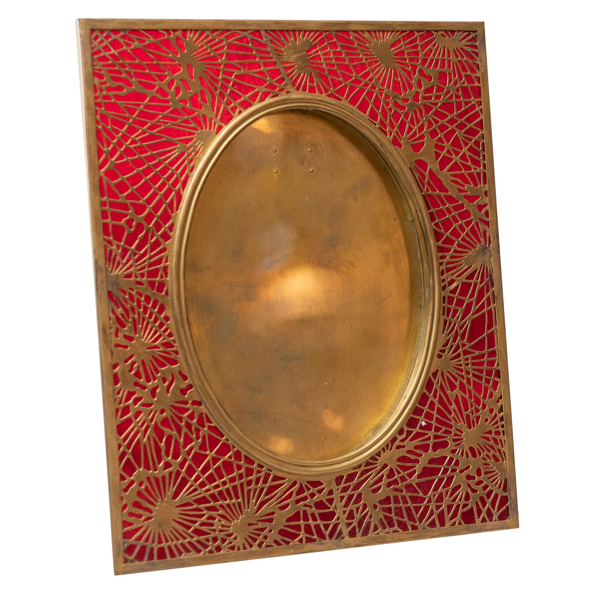 Tiffany Studios Pine Needle Picture Frame, Red Glass, and Gilt Metal, Signed