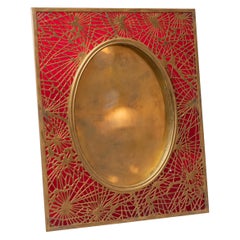 Tiffany Studios Pine Needle Picture Frame, Red Glass, and Gilt Metal, Signed