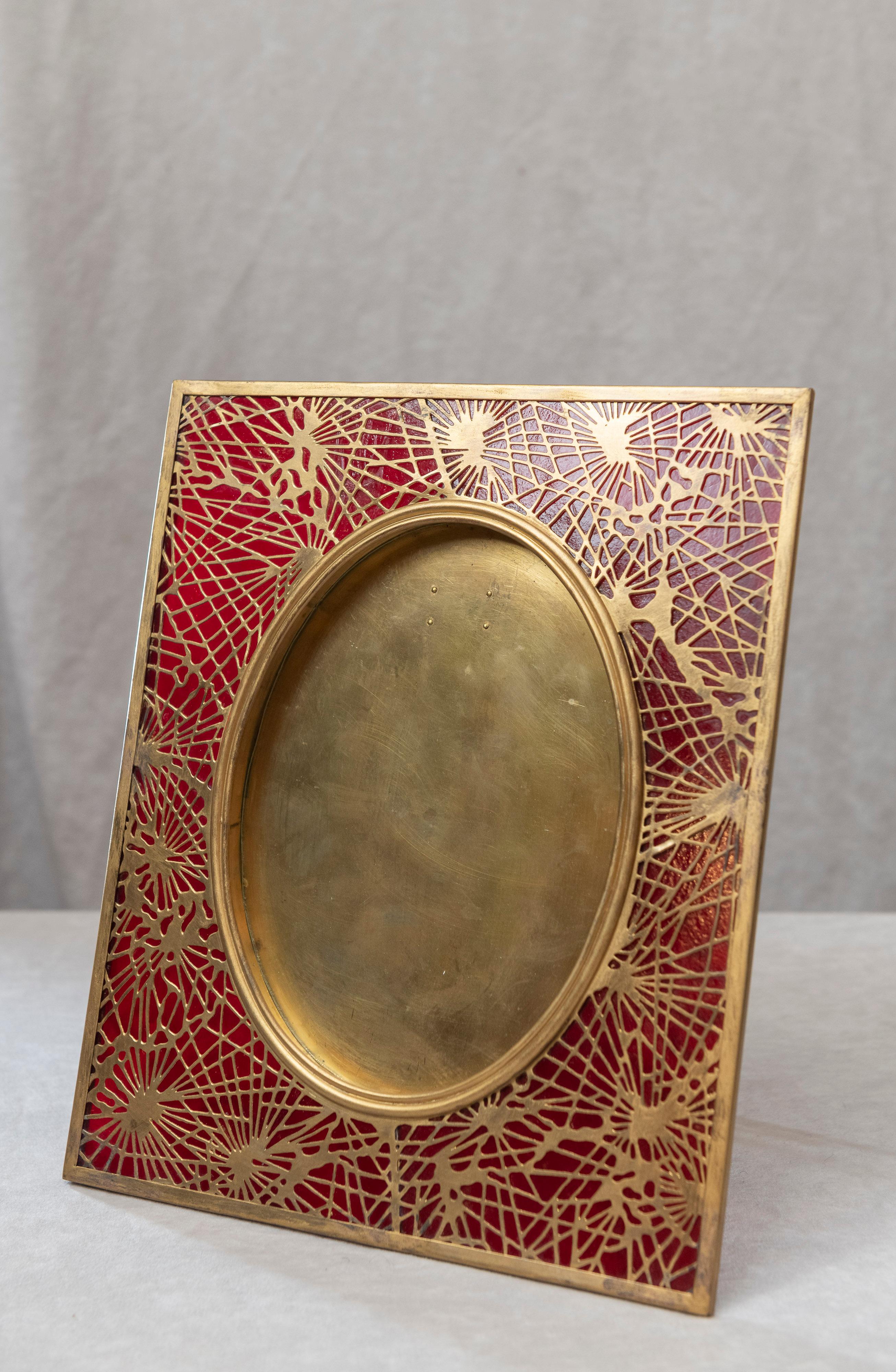Art Nouveau Tiffany Studios Pine Needle Picture Frame, Red Glass, and Gilt Metal, Signed
