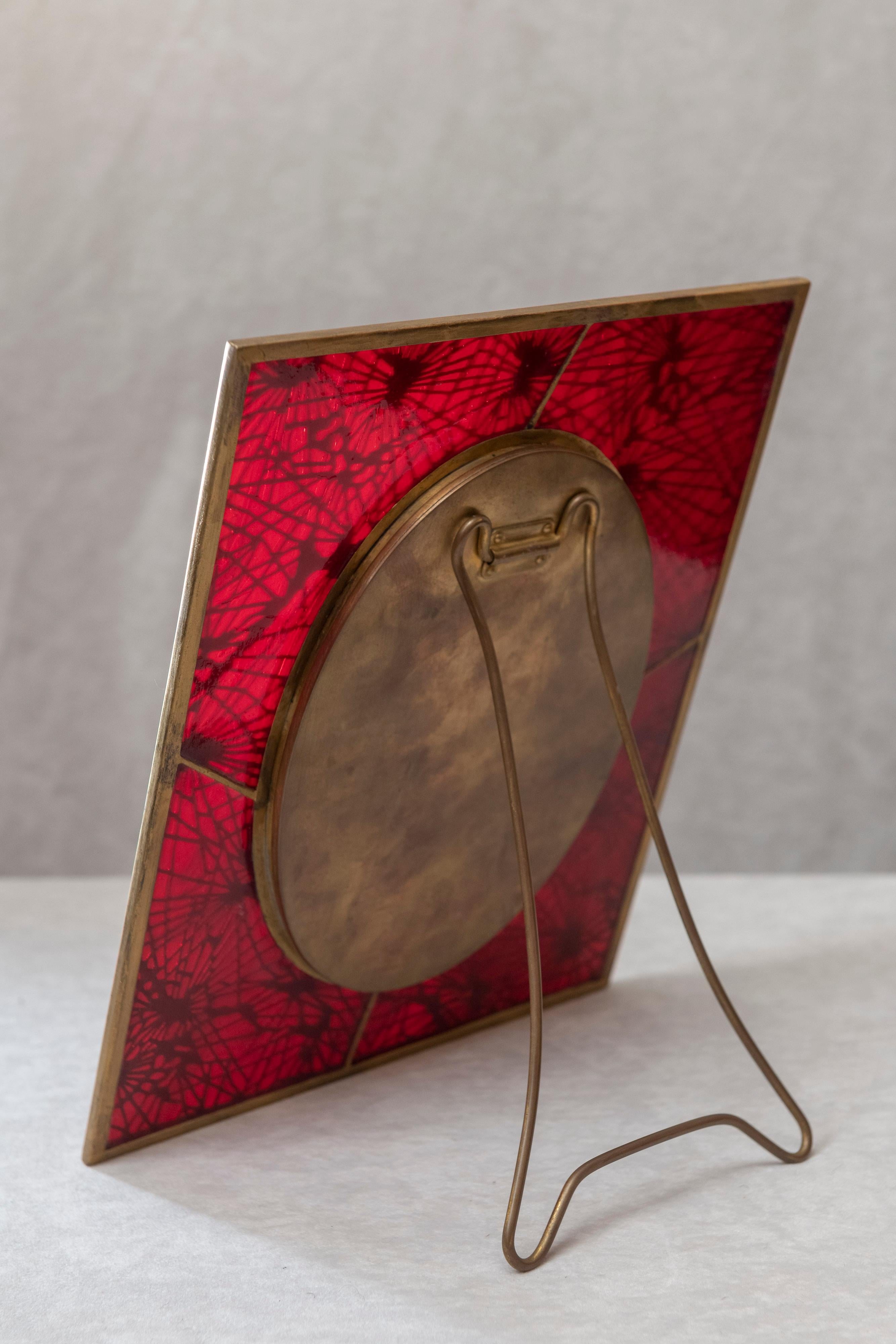 Tiffany Studios Pine Needle Picture Frame, Red Glass, and Gilt Metal, Signed In Excellent Condition In Petaluma, CA