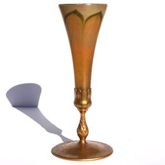 Tiffany Studios Pulled Feather Favrile and Bronze Trumpet Vase