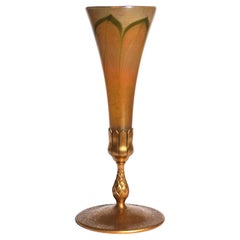 Tiffany Studios Pulled Feather Favrile and Bronze Trumpet Vase