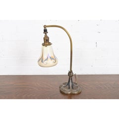 Tiffany Studios Style Antique Art Nouveau Desk Lamp With Quezal Art Glass Shade