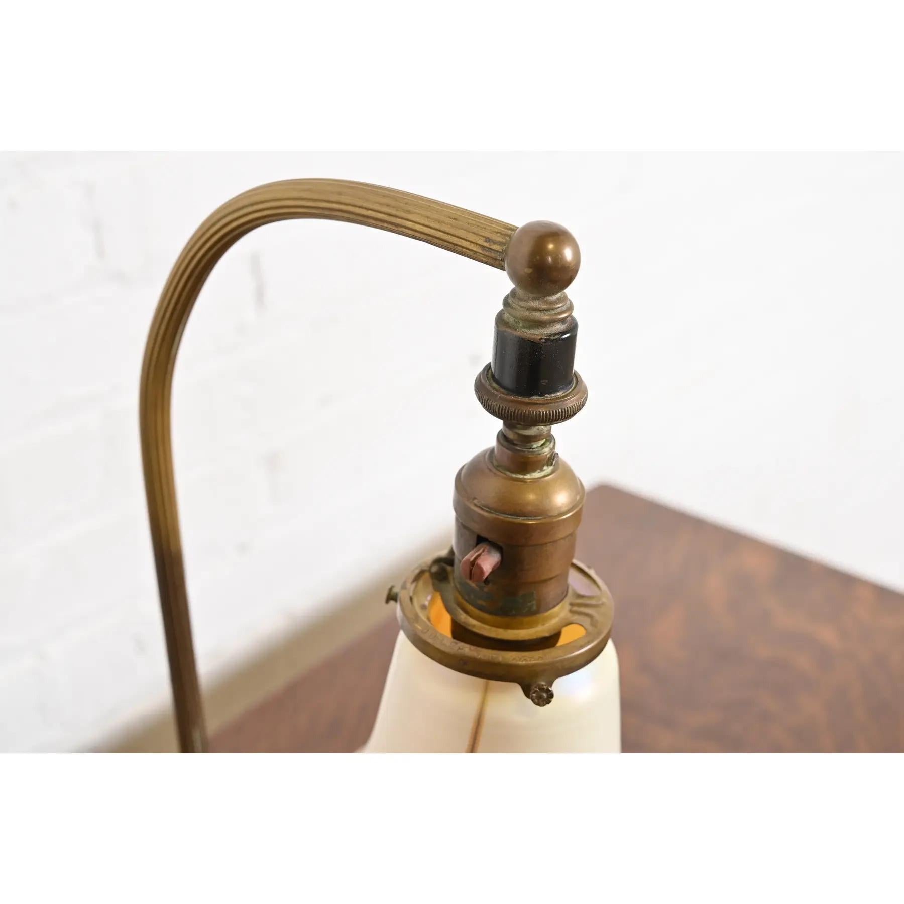 Brass Tiffany Studios Style Antique Art Nouveau Desk Lamp With Quezal Art Glass Shade For Sale