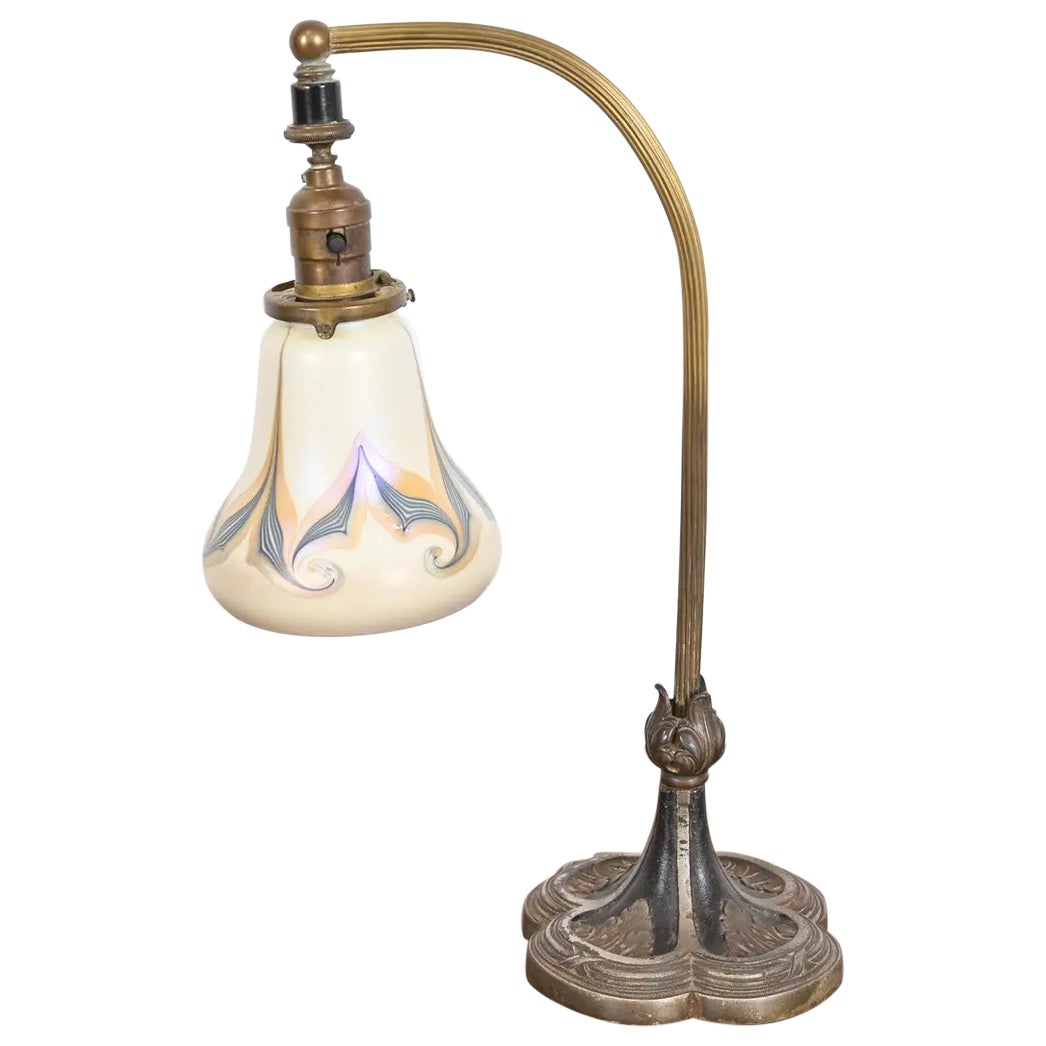 Tiffany Studios Style Antique Art Nouveau Desk Lamp With Quezal Art Glass Shade