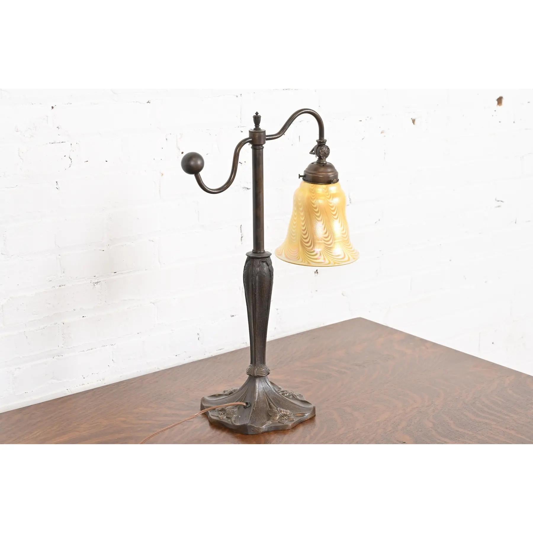 American Tiffany Studios Style Art Nouveau Bronze Counterbalance Desk Lamp For Sale