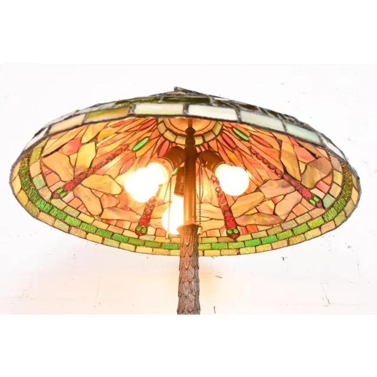 Tiffany Studios Style Arts & Crafts Bronze Table Lamp With Dragonfly Shade For Sale 3