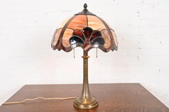 Tiffany Studios Style Arts & Crafts Bronze Table Lamp With Stained Glass Shade