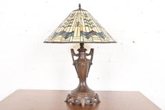 Tiffany Studios Style Arts & Crafts Table Lamp W/ Geometric Stained Glass Shade