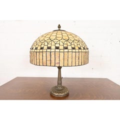 Tiffany Studios Style Arts & Crafts Table Lamp With Jeweled Caramel Glass Shade