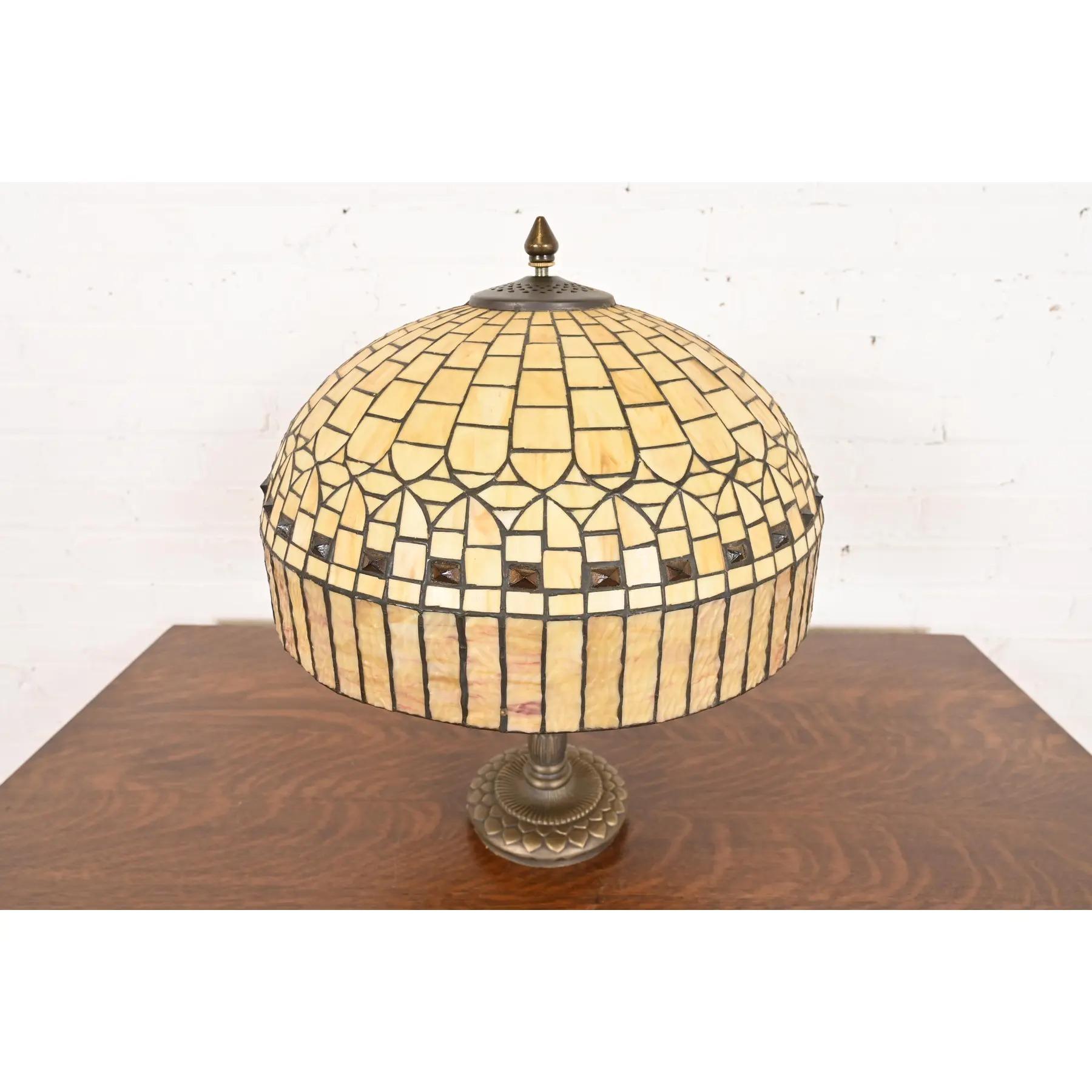 Arts and Crafts Tiffany Studios Style Arts & Crafts Table Lamp With Jeweled Caramel Glass Shade For Sale