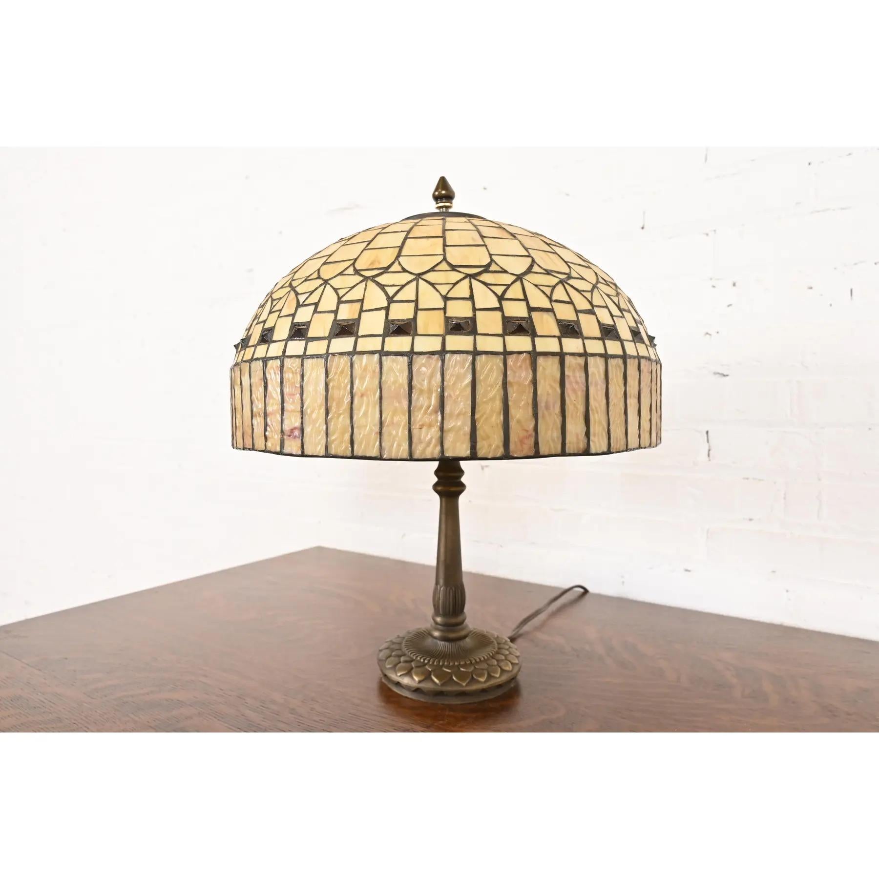 American Tiffany Studios Style Arts & Crafts Table Lamp With Jeweled Caramel Glass Shade For Sale