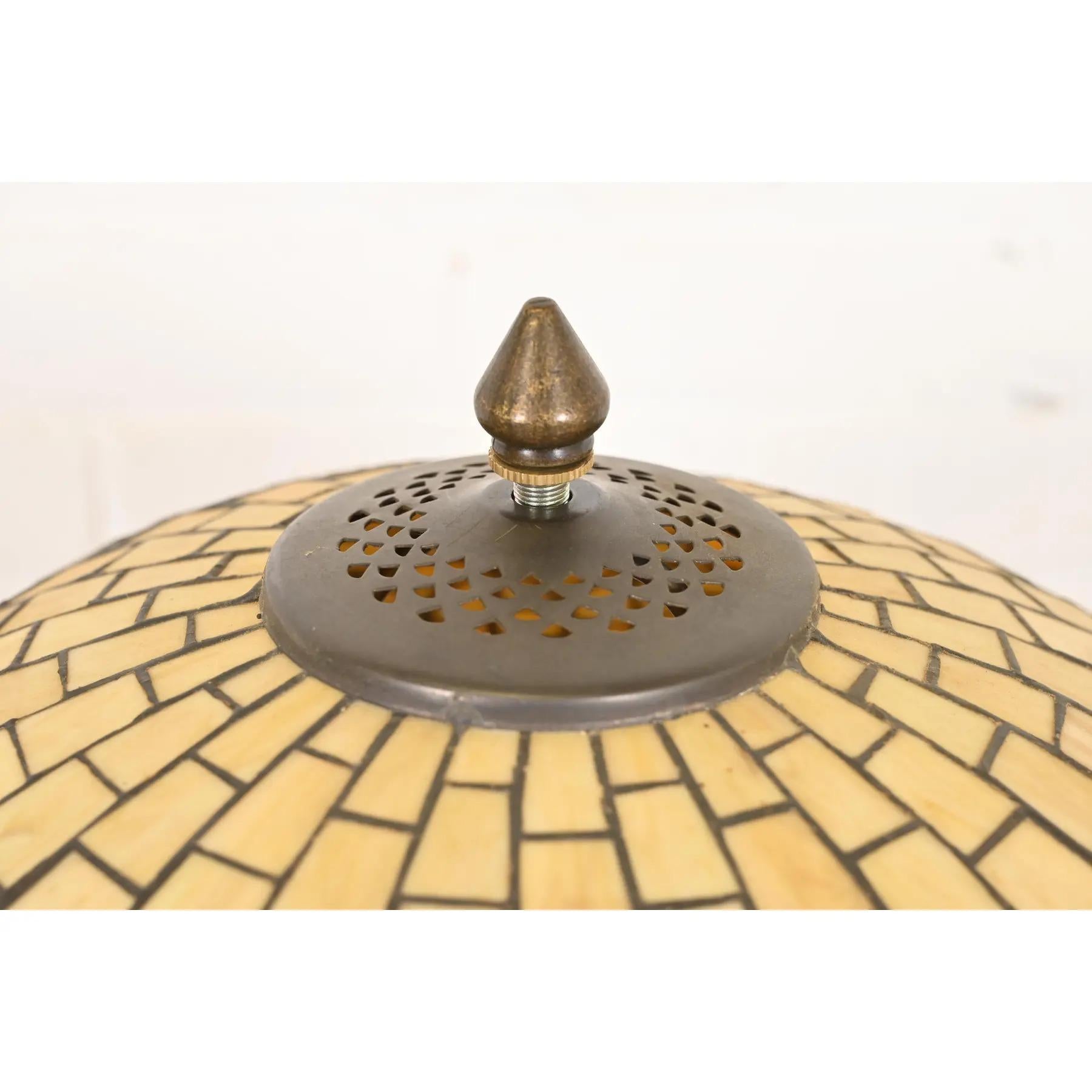 Metal Tiffany Studios Style Arts & Crafts Table Lamp With Jeweled Caramel Glass Shade For Sale