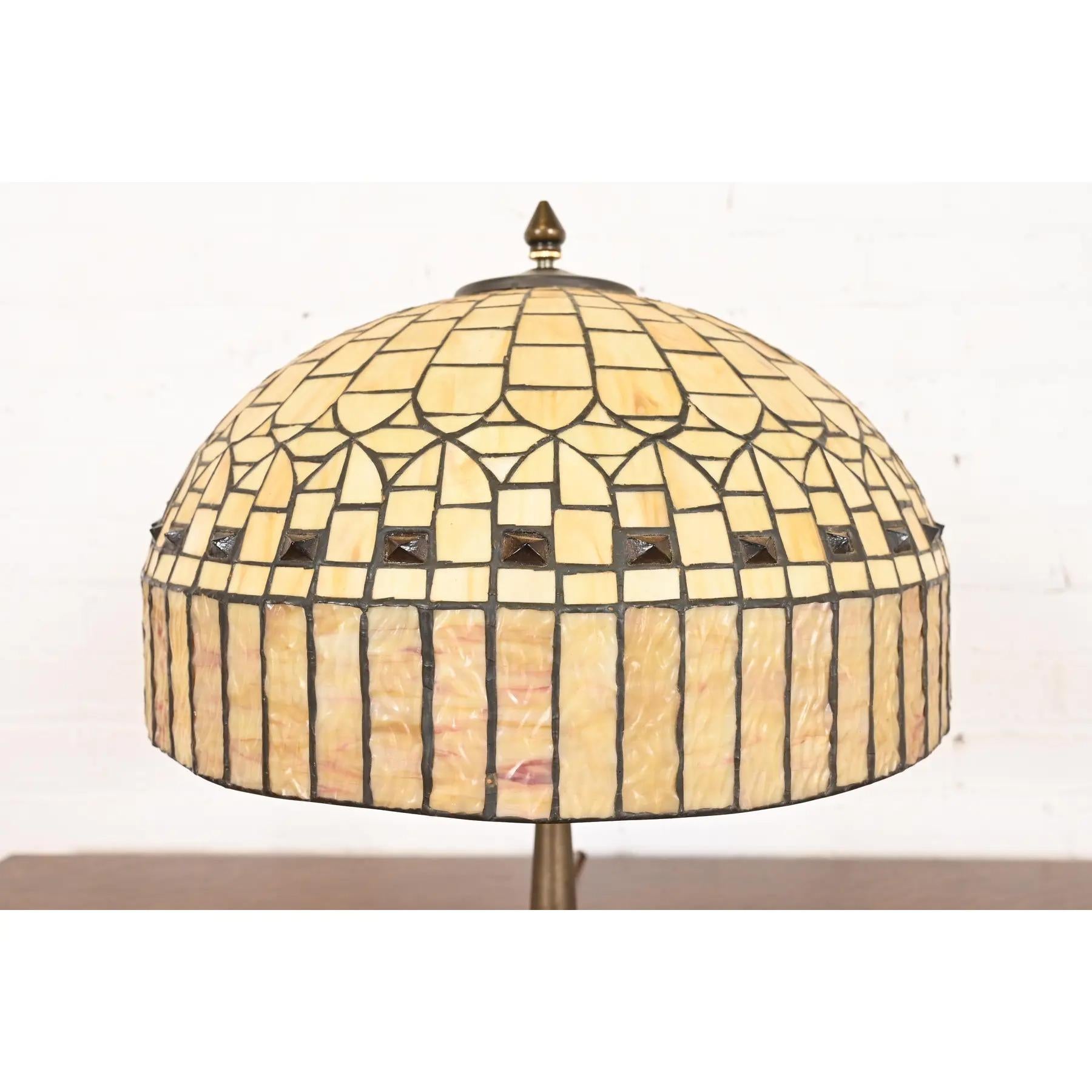 Tiffany Studios Style Arts & Crafts Table Lamp With Jeweled Caramel Glass Shade For Sale 1