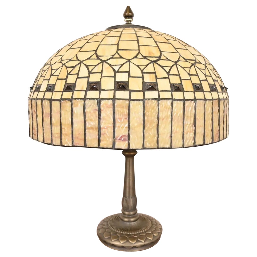 Lampada da tavolo Tiffany Studios in stile Arts & Crafts con paralume in vetro Jewell Caramel
