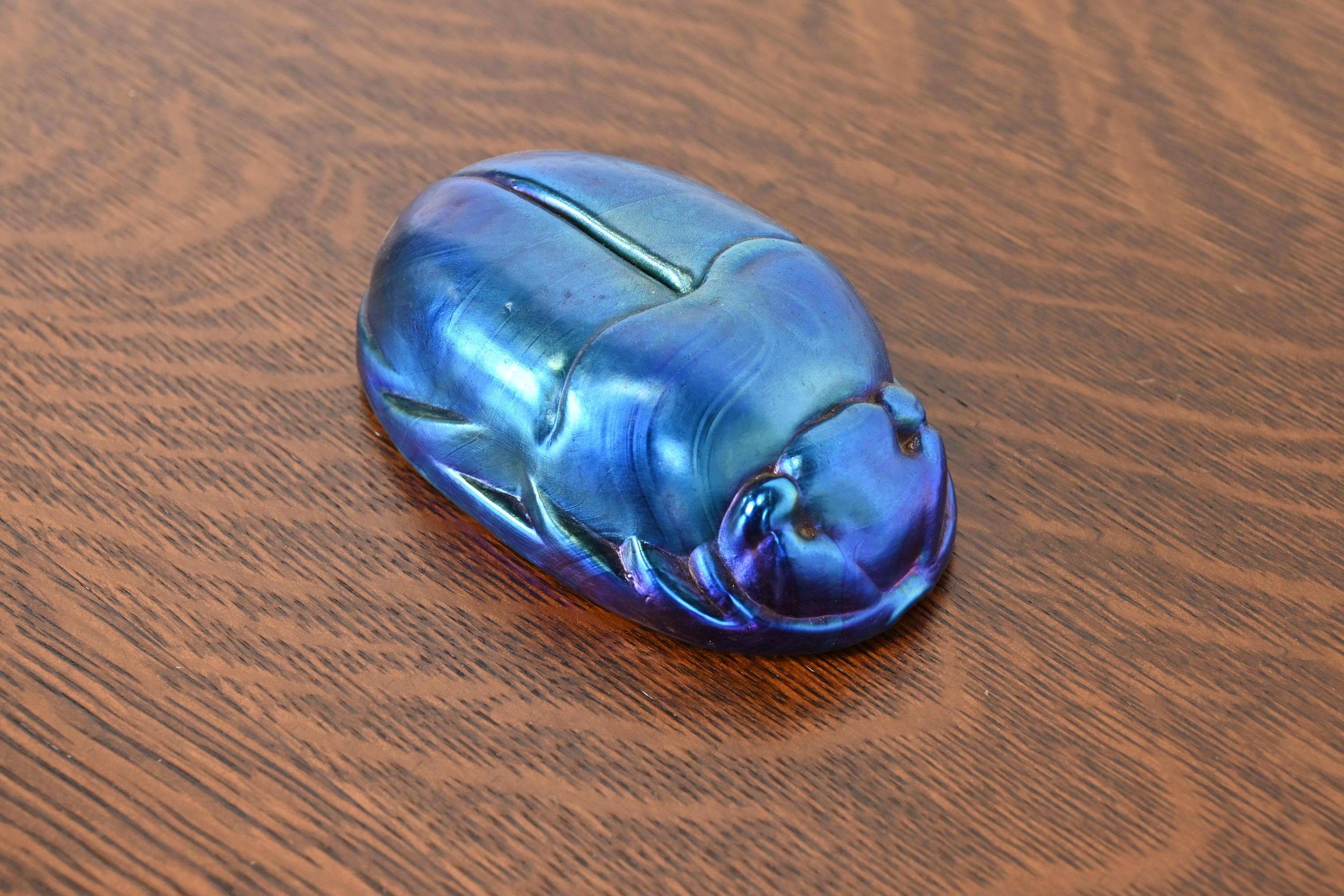 Art Deco Tiffany Studios Style Iridescent Favrile Glass Scarab Paperweight For Sale