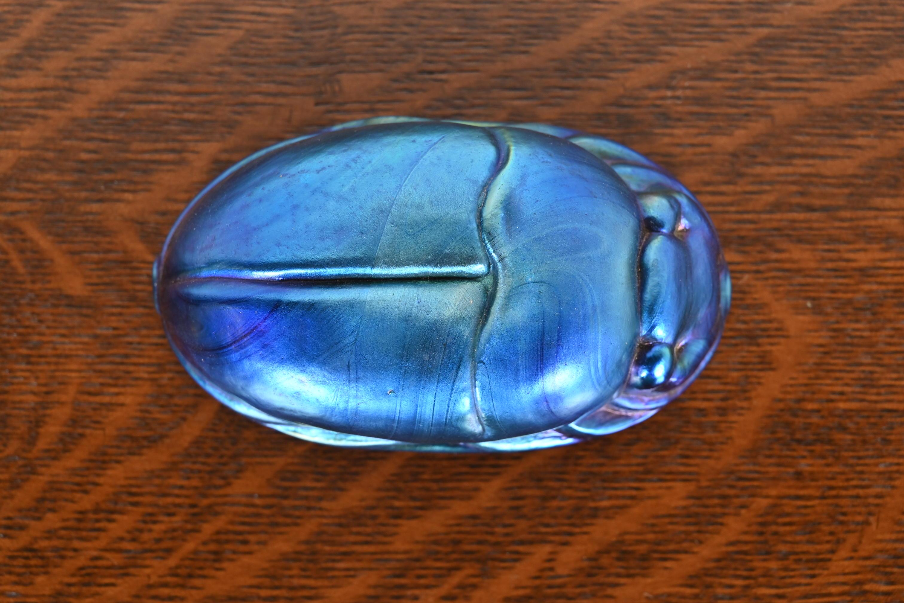 Art Glass Tiffany Studios Style Iridescent Favrile Glass Scarab Paperweight For Sale