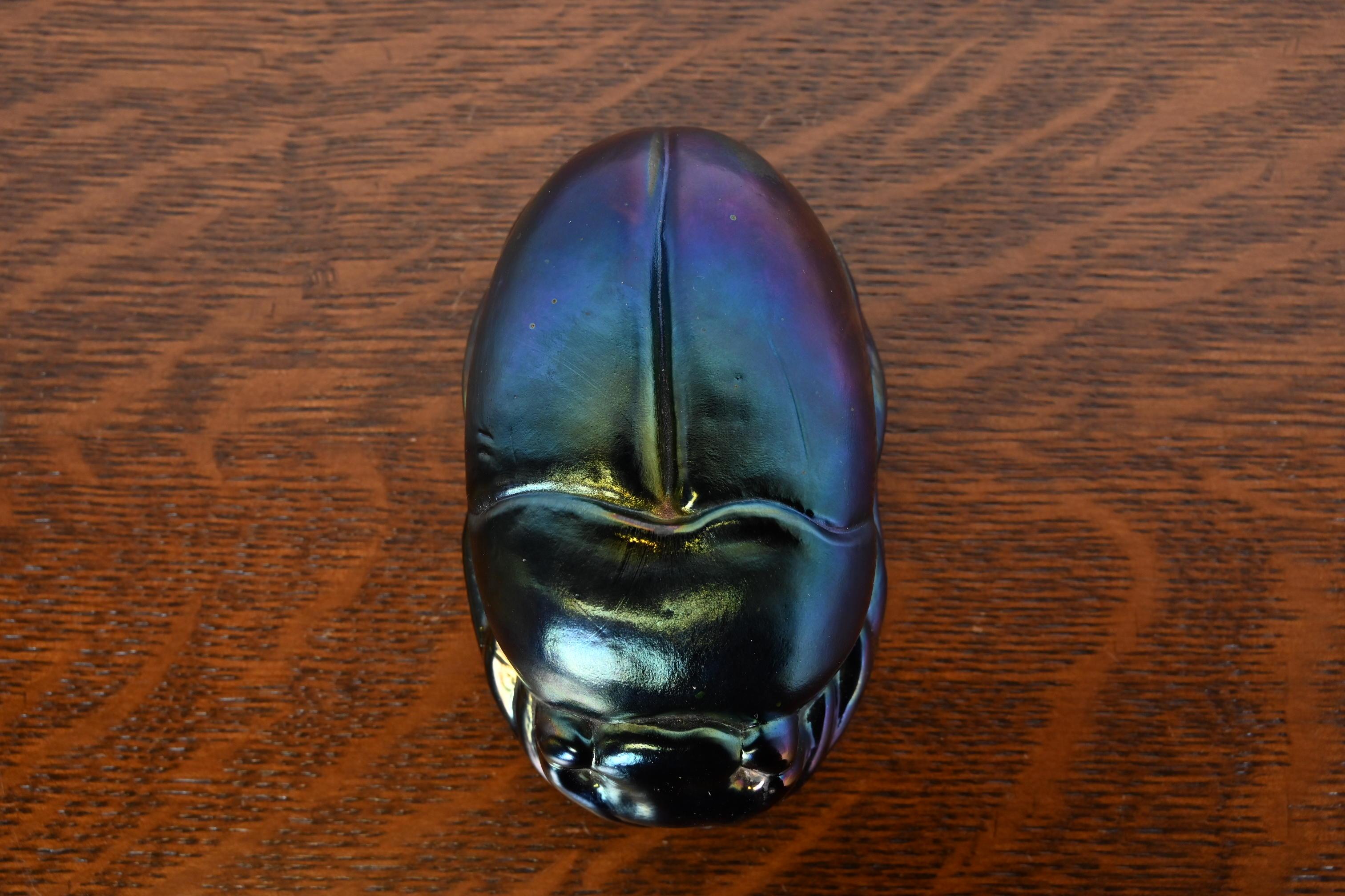 Art Glass Tiffany Studios Style Iridescent Favrile Glass Scarab Paperweight For Sale