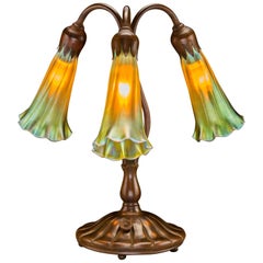 Retro Tiffany Studios Style Three Lily Bronze and Favrile Table Lamp