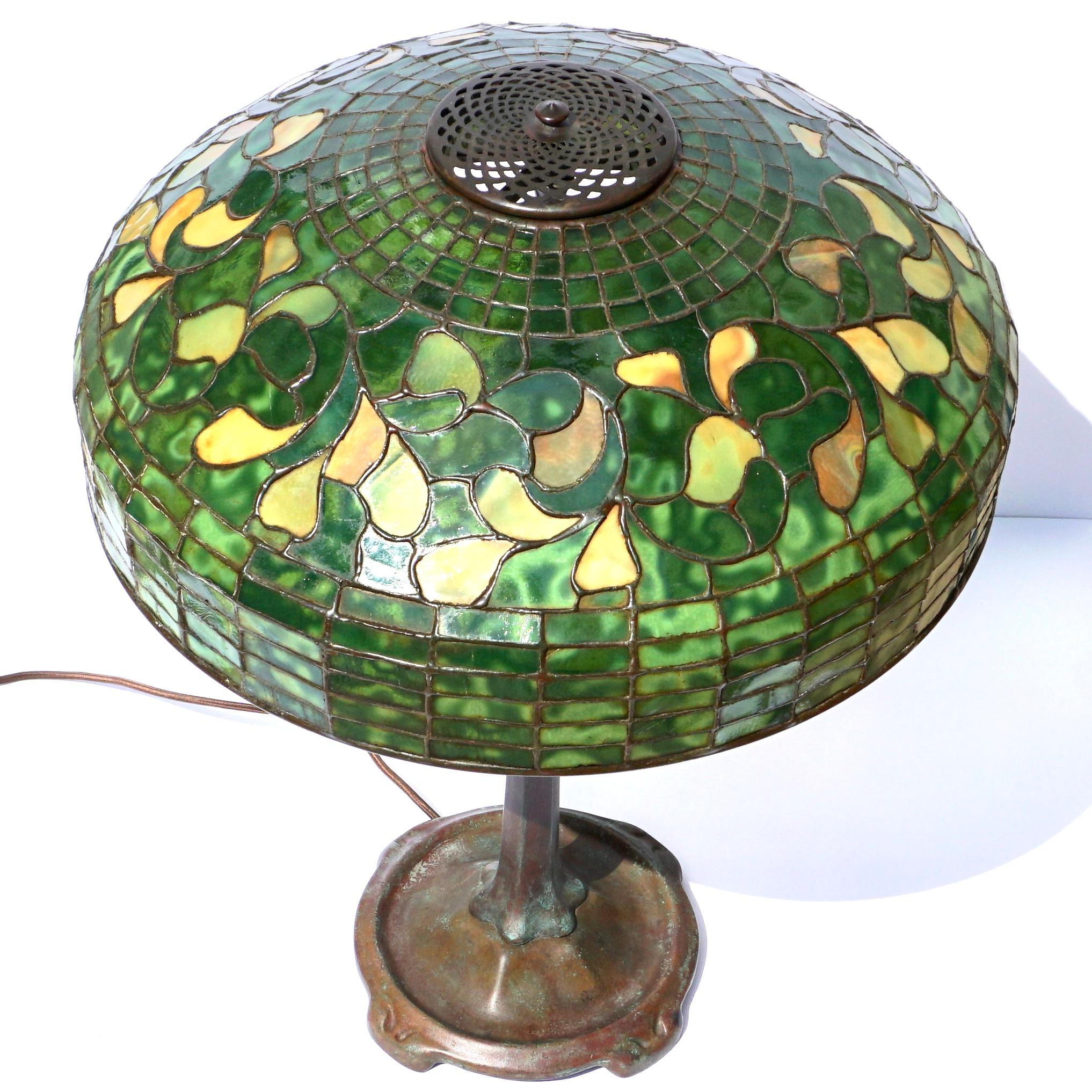 Cast Tiffany Studios Swirling Lemon Leaf Table Lamp For Sale