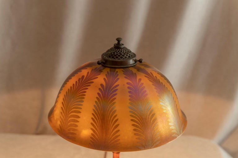 Hand-Crafted Tiffany Studios Table Lamp w/Hand Blown Art Glass Shade, All Signed, ca. 1905 For Sale