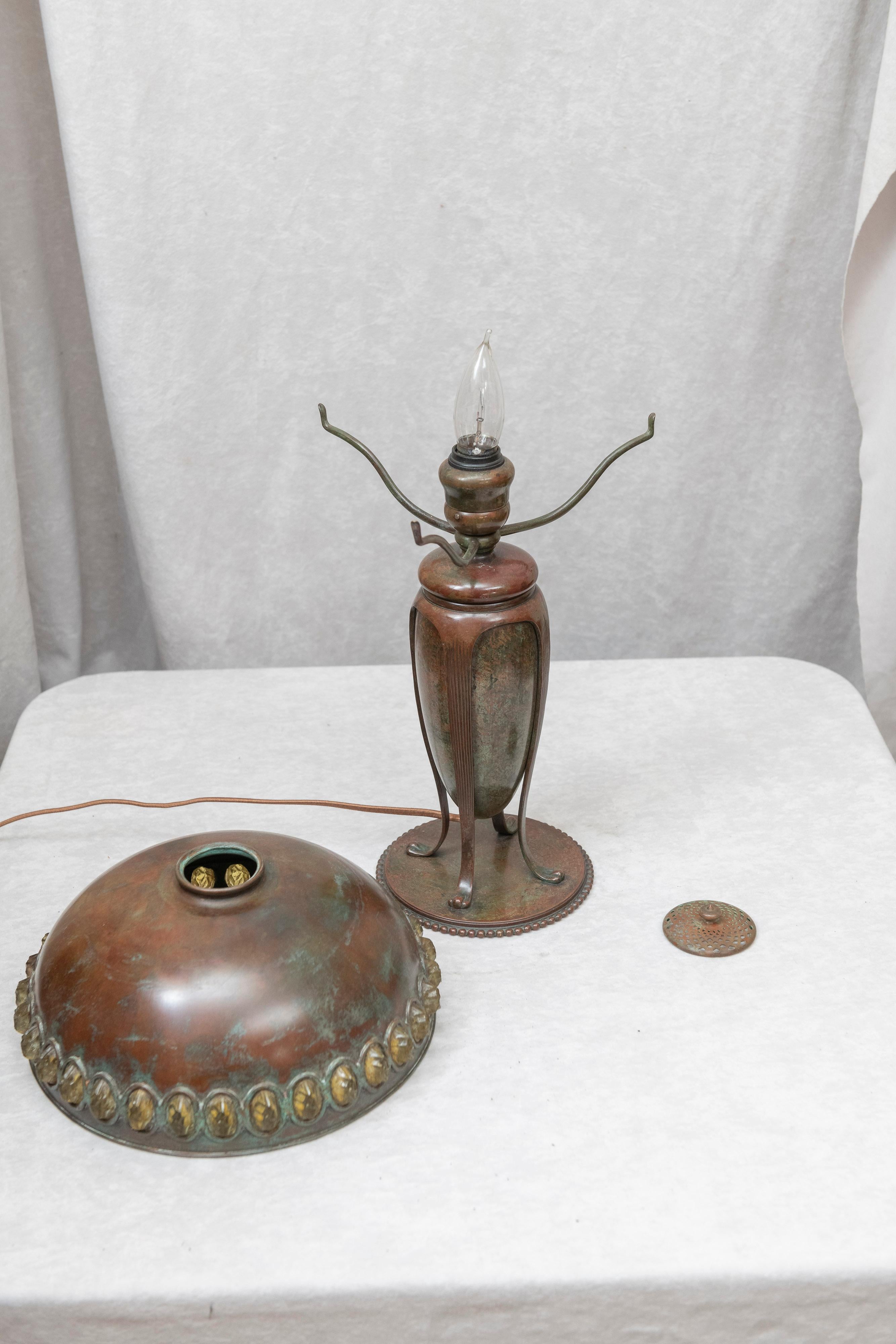 Bronze Tiffany Studios Table Lamp with Jeweled Shade, circa 1905