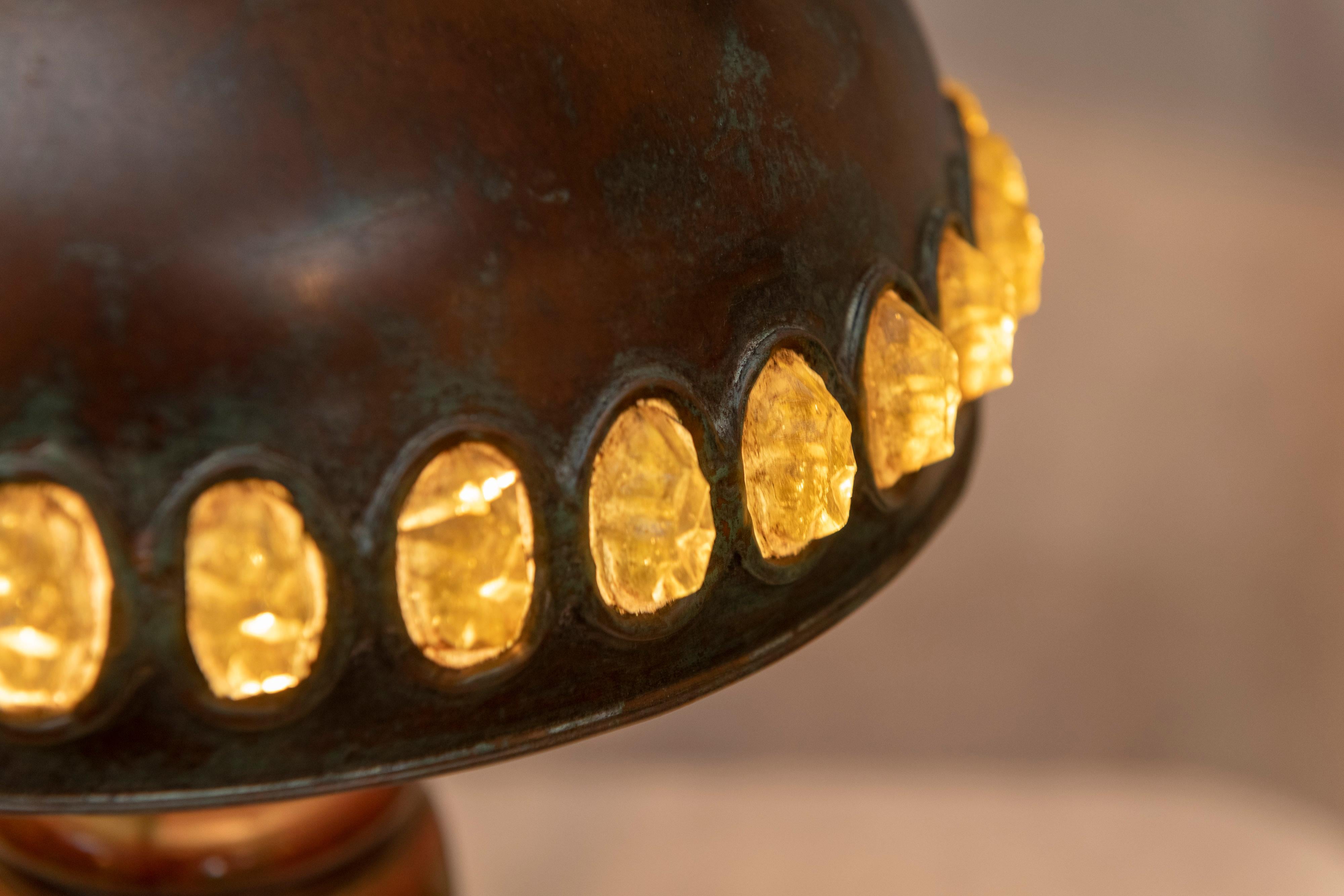Patinated Tiffany Studios Table Lamp with Jeweled Shade, circa 1905