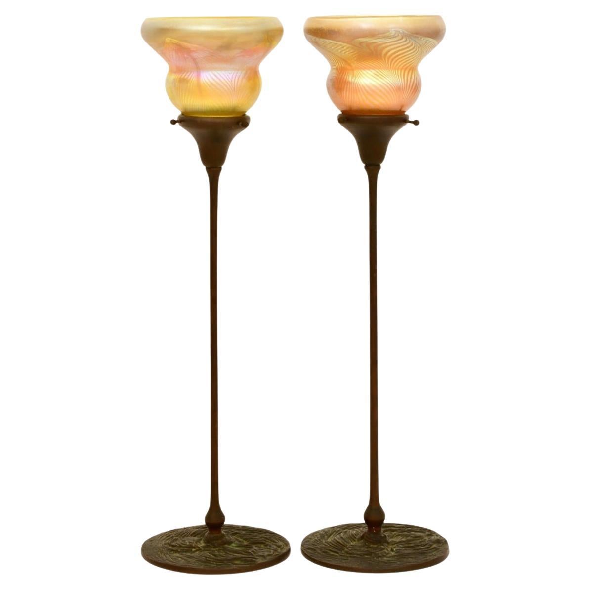 Tiffany Studios Tall Candlesticks with "Pulled Feather" Shades "Circa 1910" For Sale