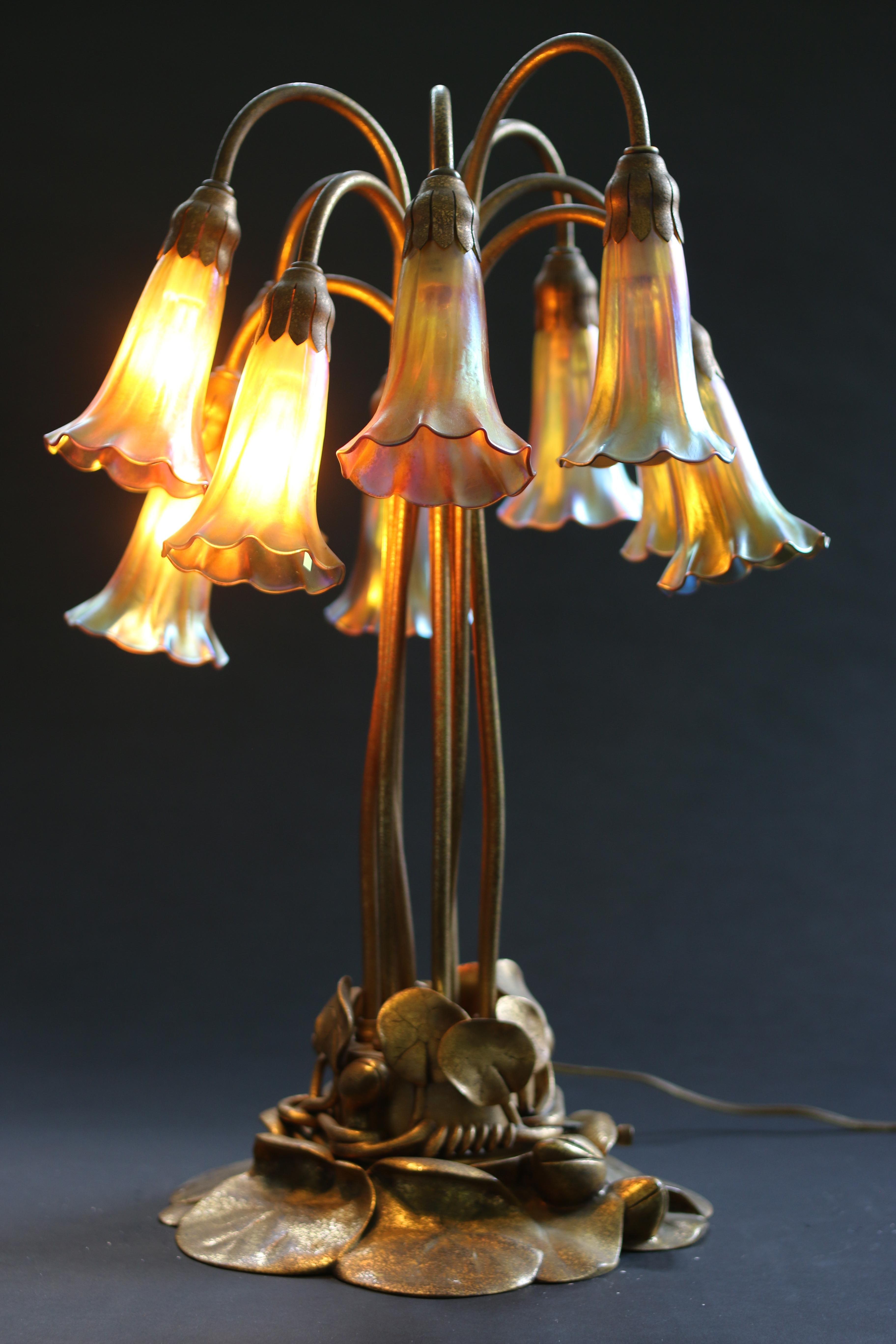 Art Nouveau Tiffany Studios Ten-Light Lily Lamp For Sale