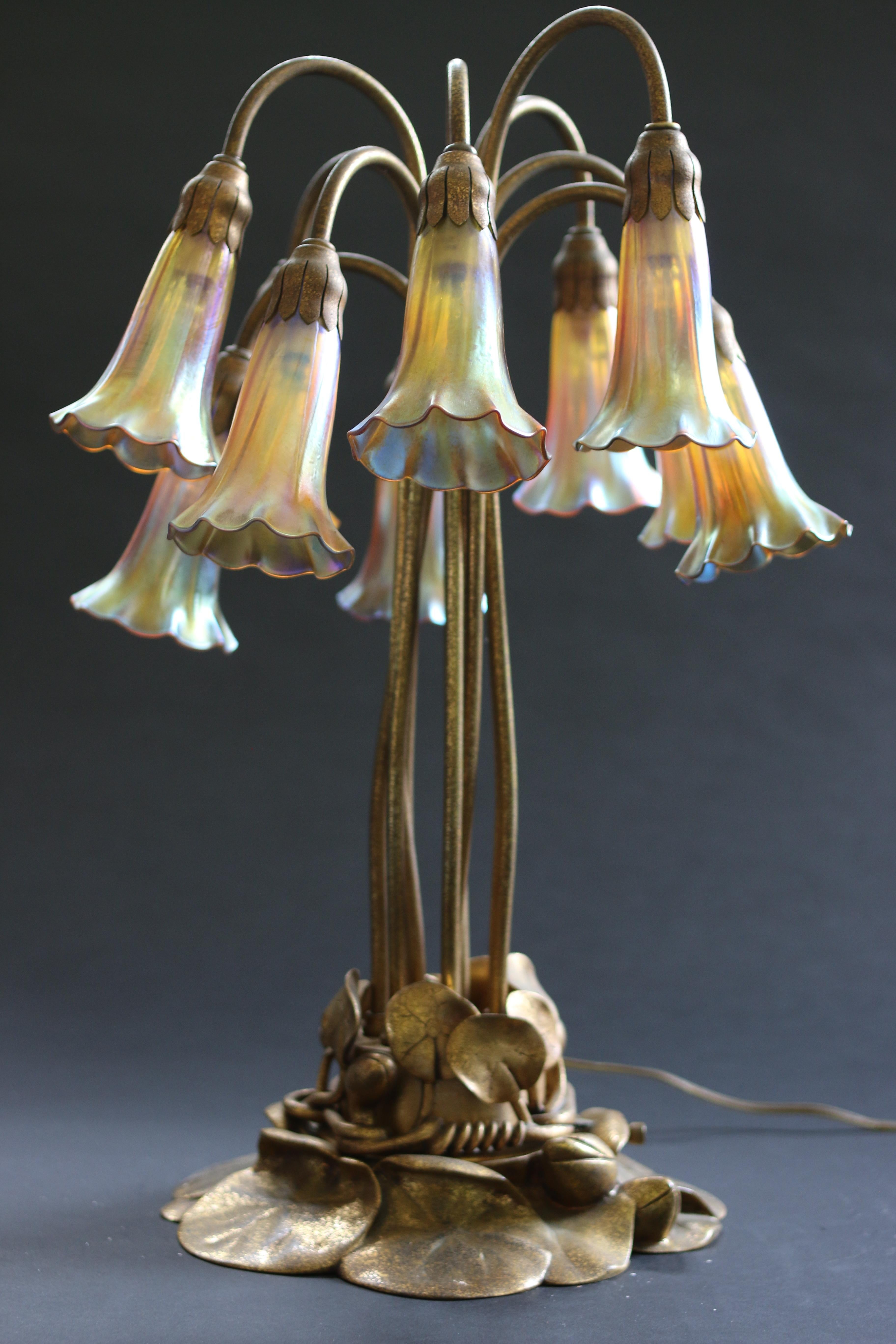 Burnished Tiffany Studios Ten-Light Lily Lamp For Sale