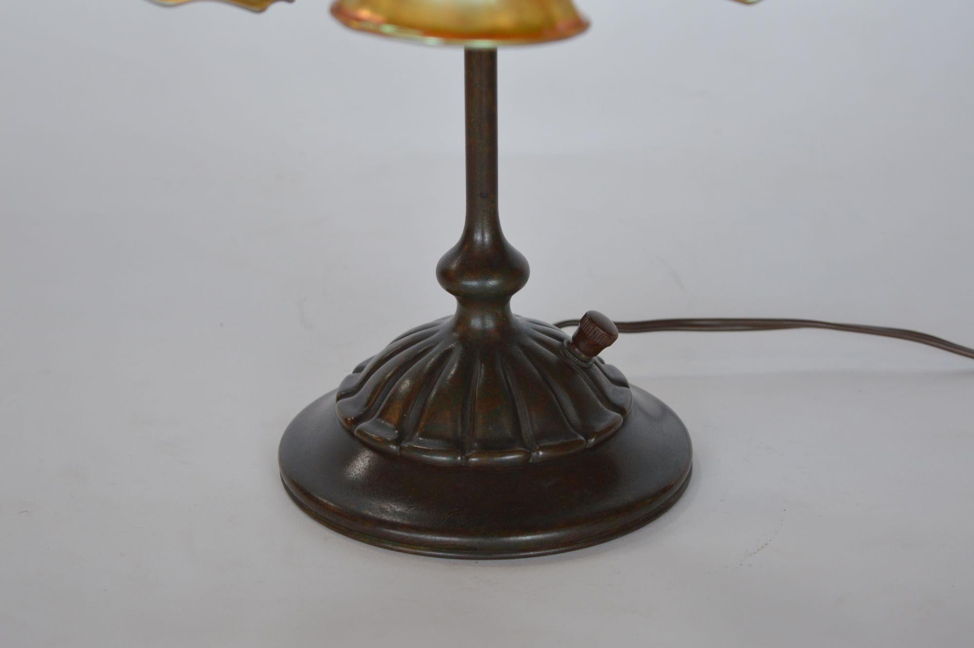 Brass Tiffany Studios Three Light Lily Bronze and Favrile Table Lamp