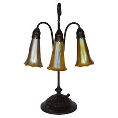 Tiffany Studios Three Light Lily Bronze and Favrile Table Lamp